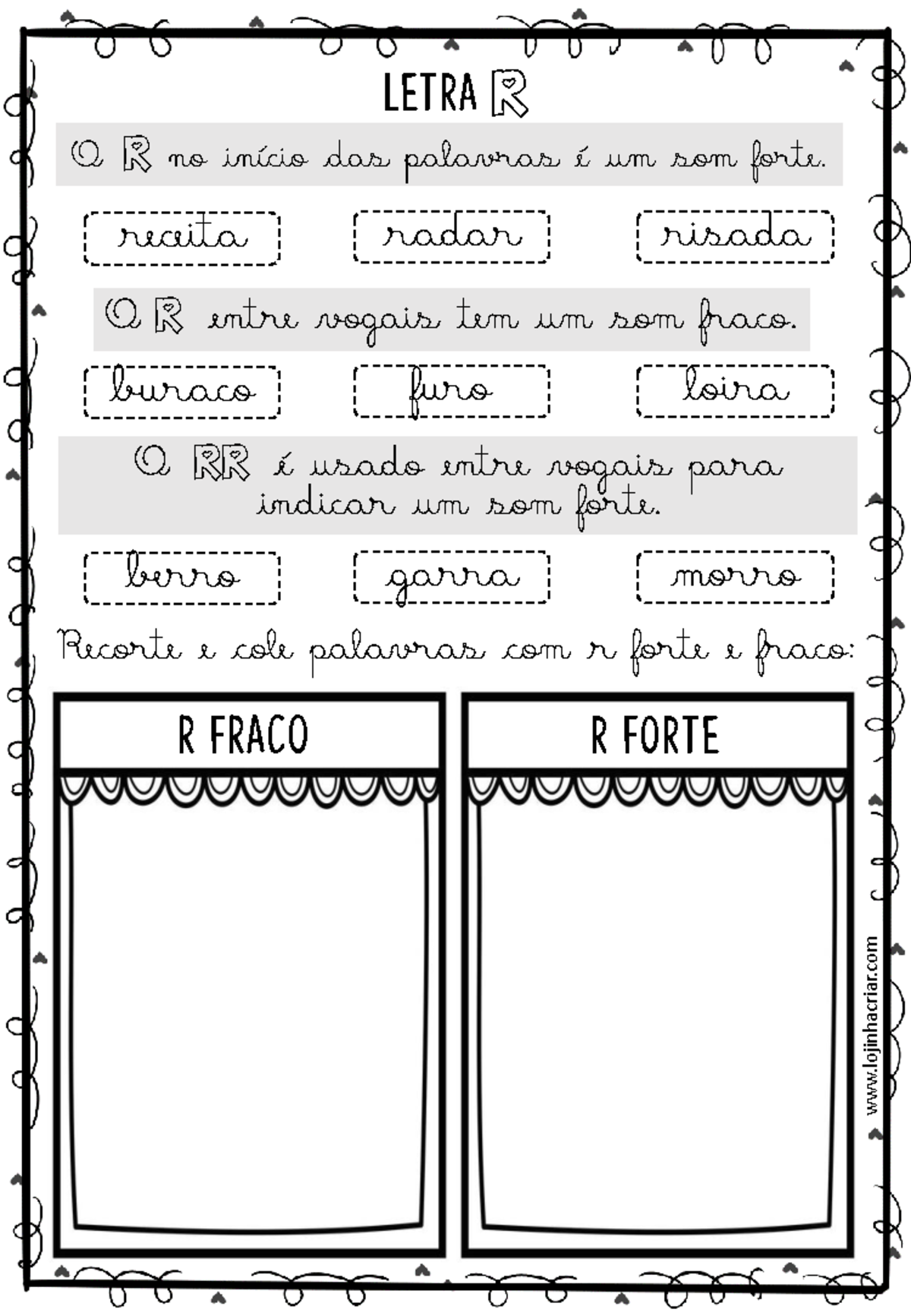 Ortografia Atividades R E RR Cursiva 81vghu - letra R O R no ¹início ...