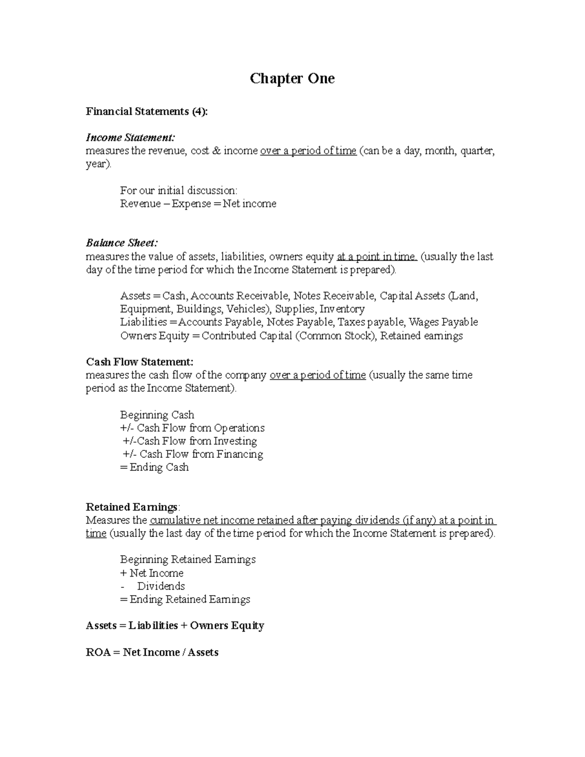 Chapter 1 Class Notes - Chapter One Financial Statements (4): Income ...