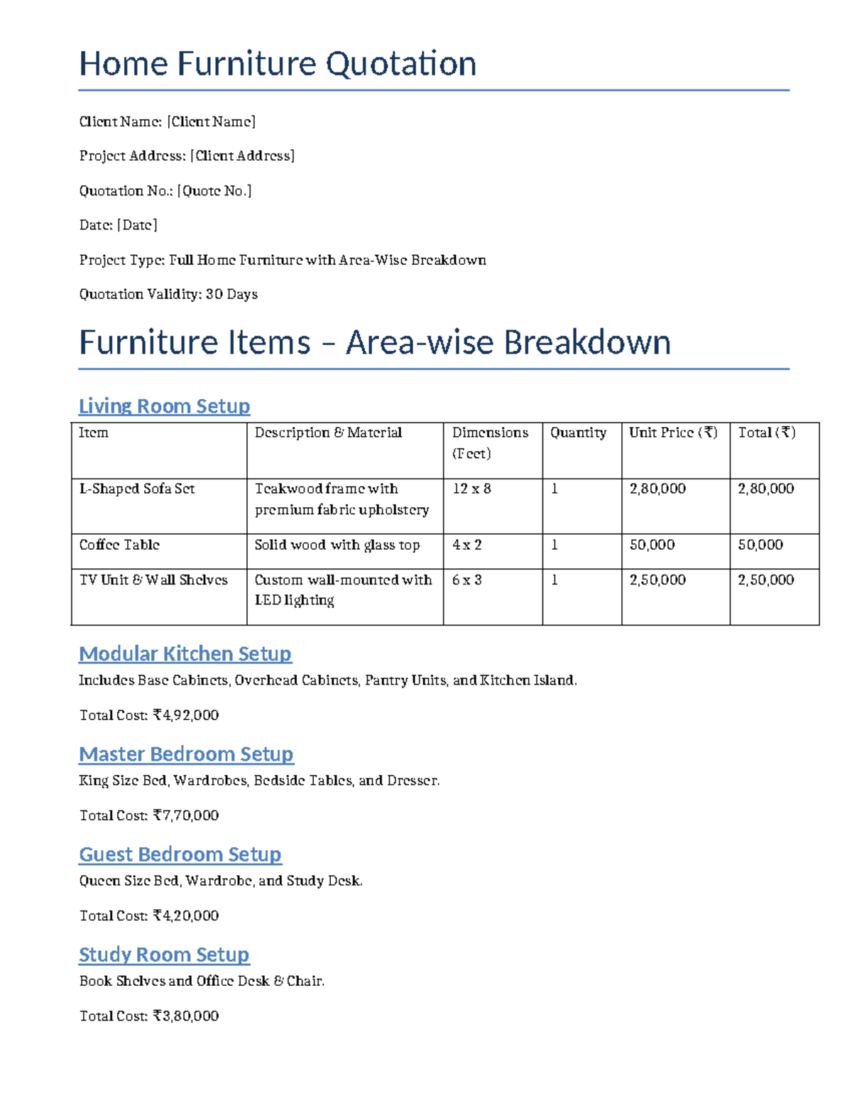 Home Furniture Quotation - Home Furniture Quotation Client Name ...
