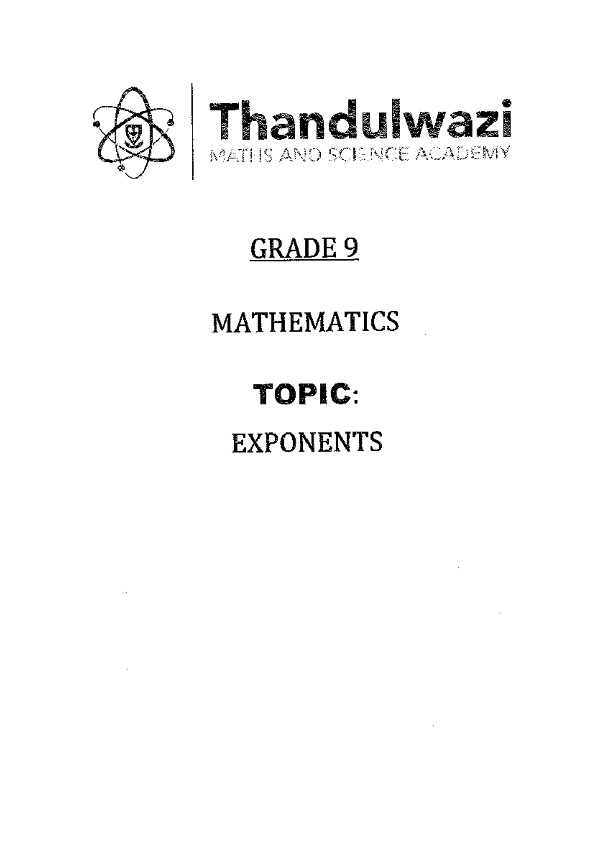 Grade 9 TSS Exponents Worksheet - Studocu