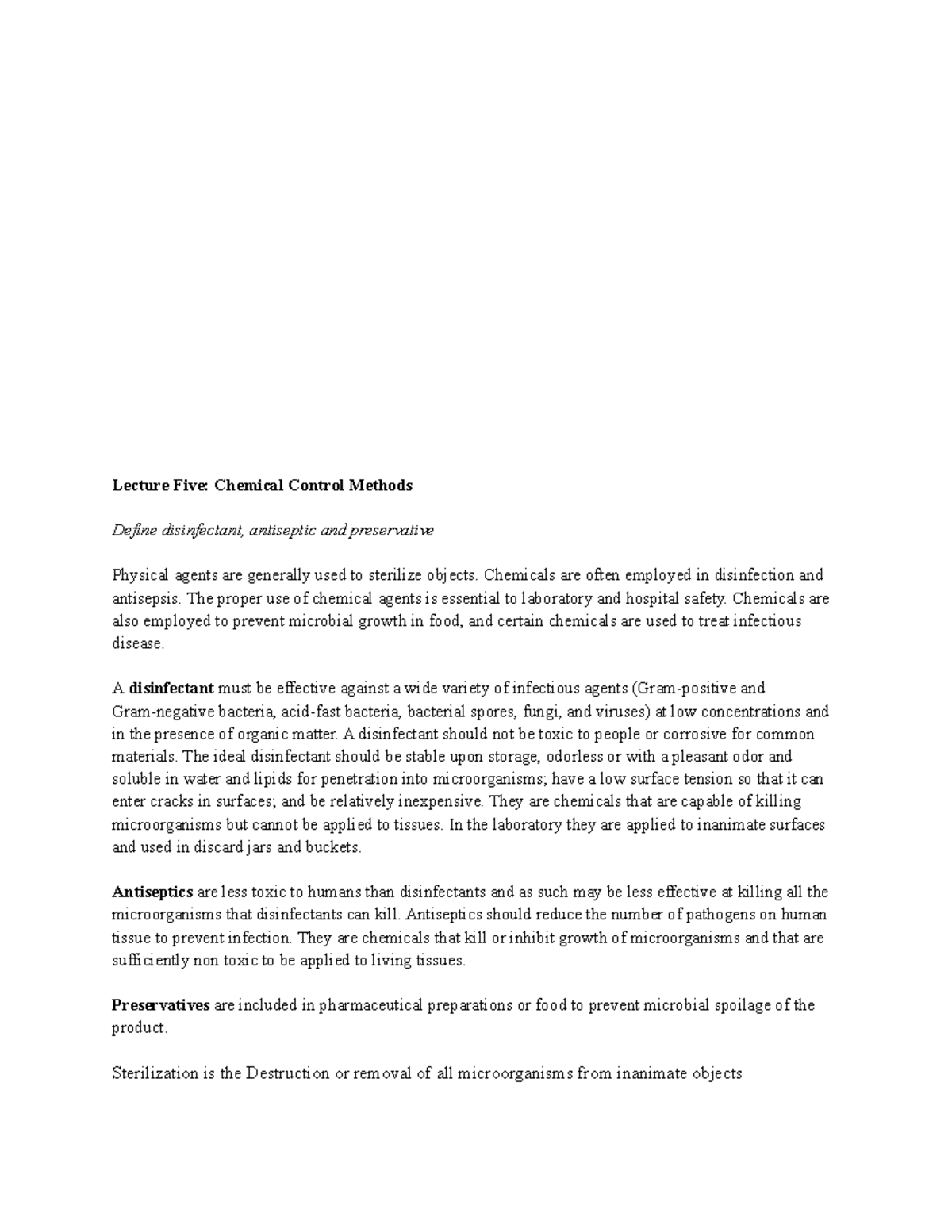 MICR221 Lecture 5 Objectives Lecture Five Chemical Control Methods