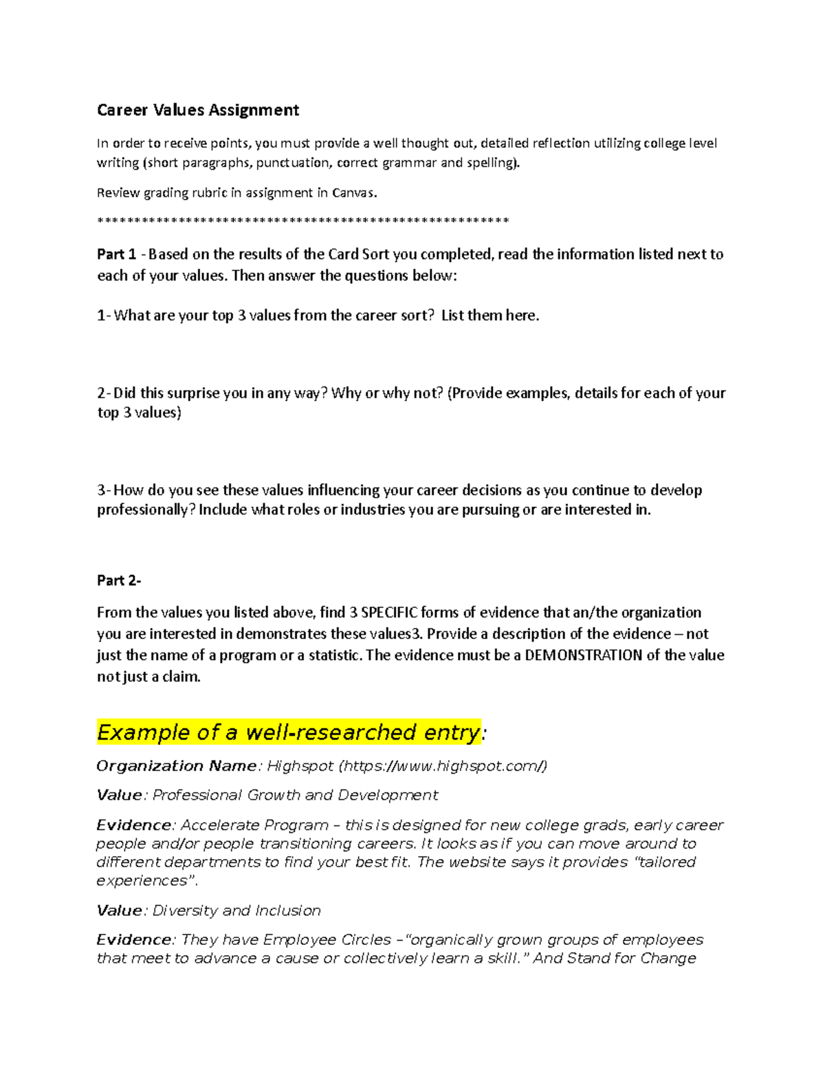 Career Values Assignment - Review grading rubric in assignment in ...