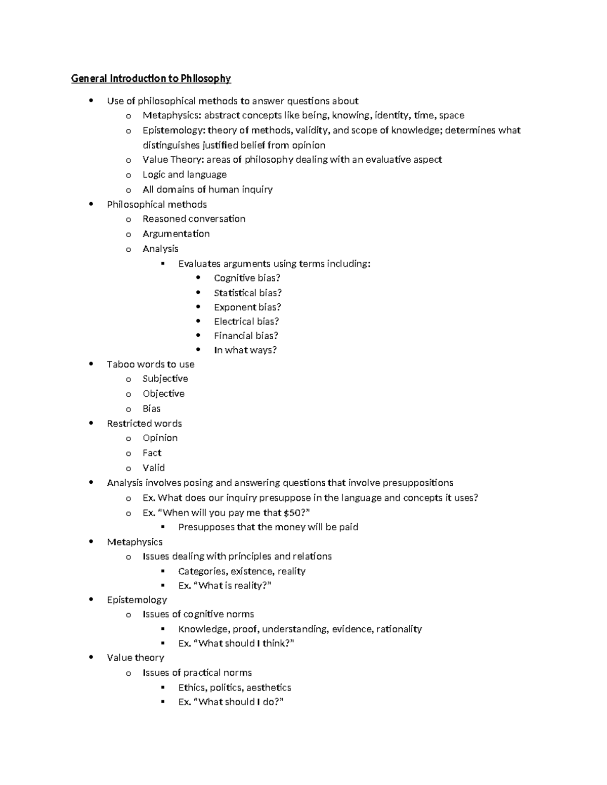PHIL 1165 Exam 1 Study Guide - General Introduction to Philosophy Use ...