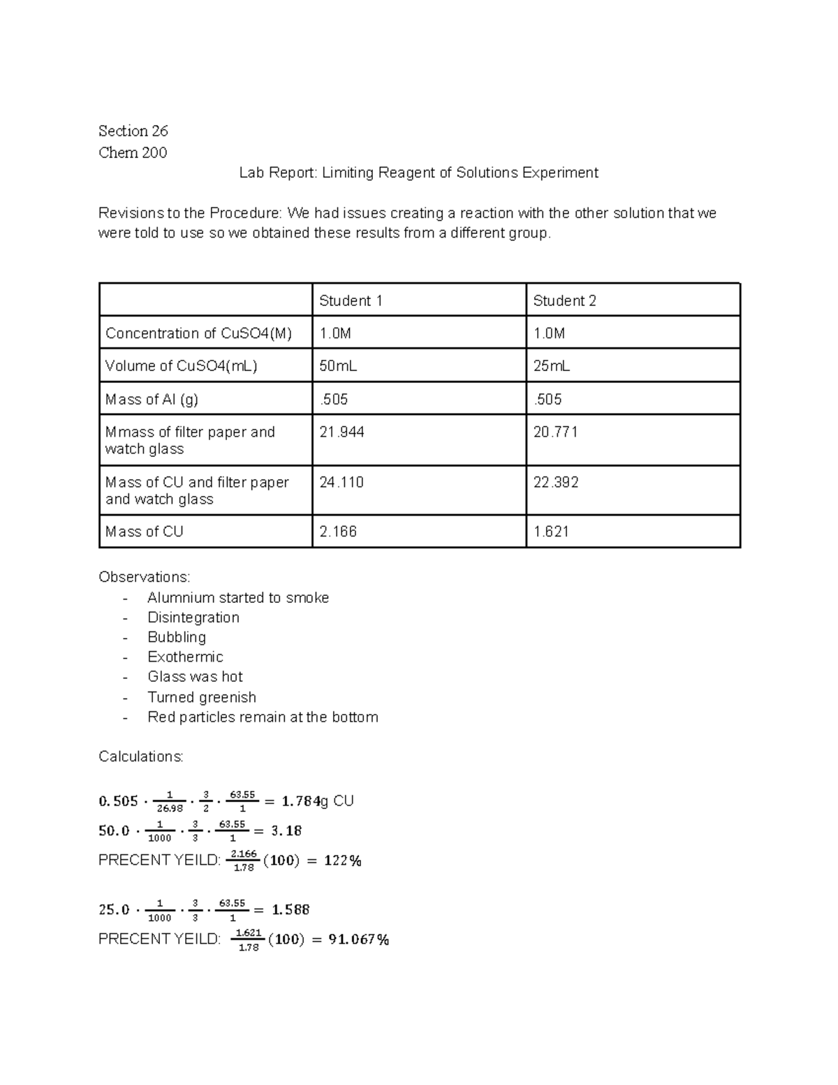 Lab Report Limiting Reagent of Solutions Experiment Section 26 Chem