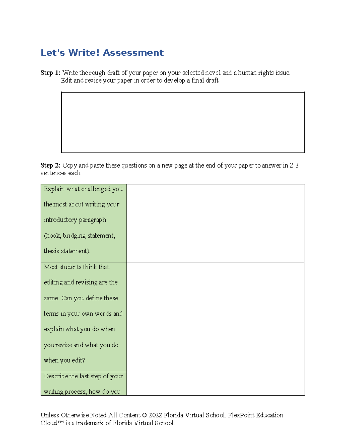 Write assess rubric - Let's Write! Assessment Step 1: Write the rough ...