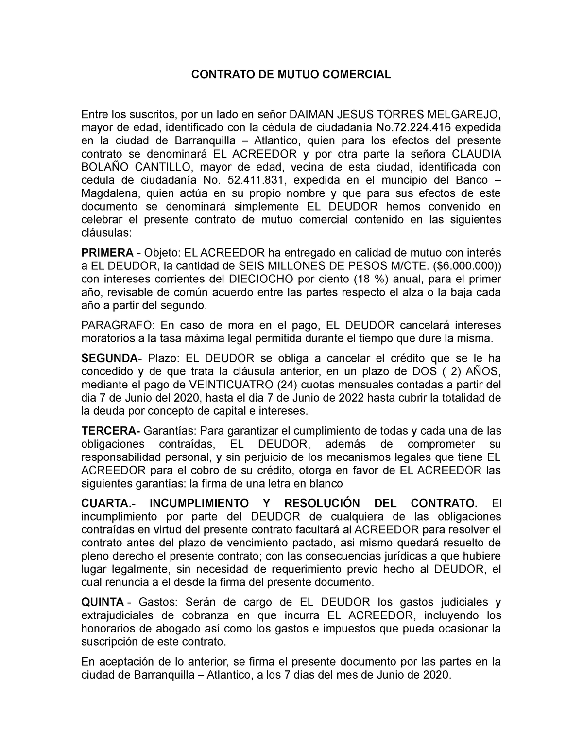 minuta de contrato de mutuo comercial - CONTRATO DE MUTUO COMERCIAL -  Studocu