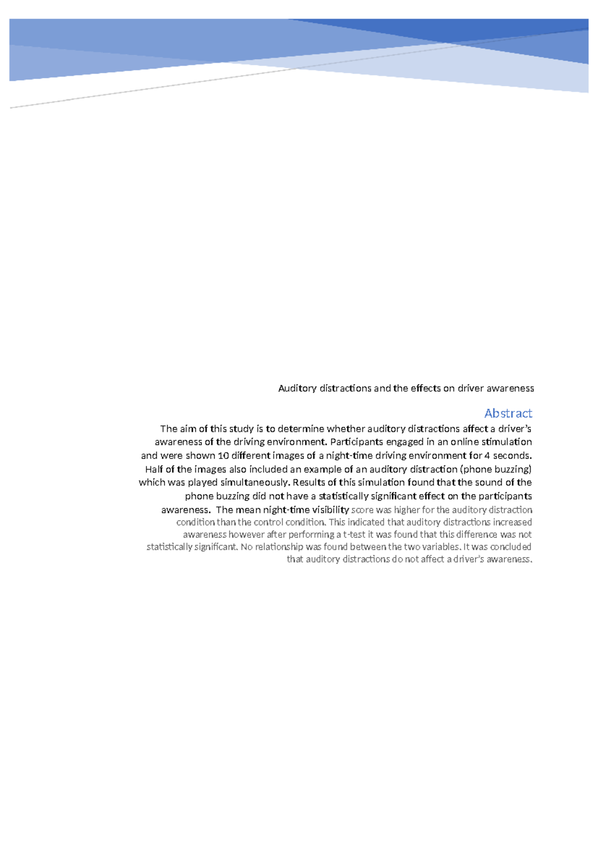Lab report - Auditory distractions and the effects on driver awareness ...