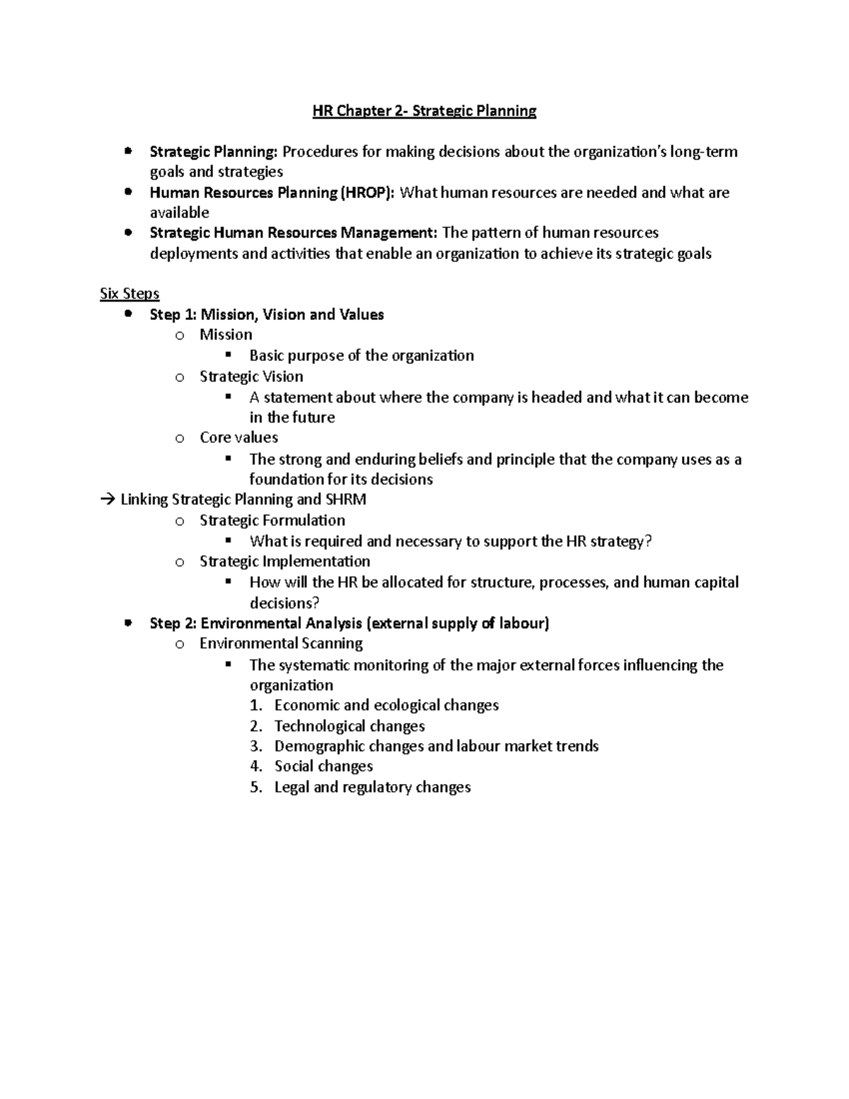 HR Chapter 2 - Notes - HR Chapter 2- Strategic Planning Strategic ...
