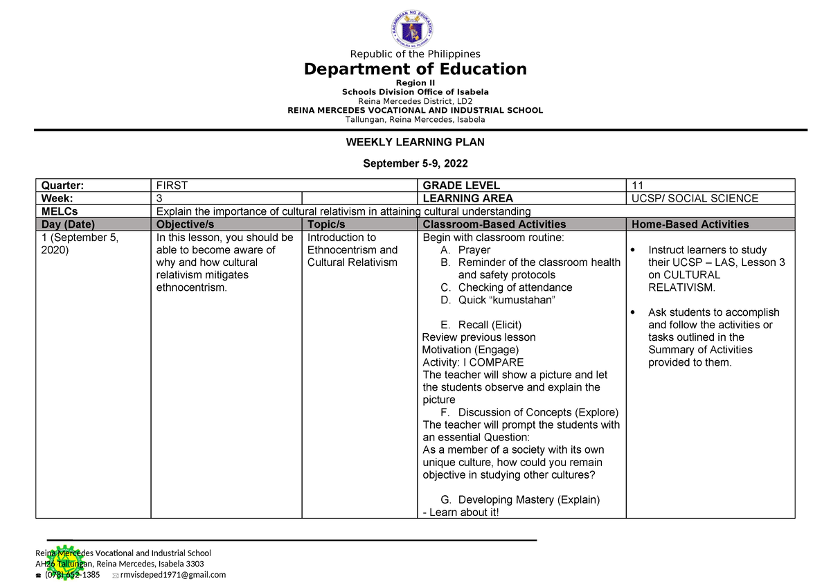 Wlp Q1w3 Ucsp - Lesson Plan - Department Of Education Region Ii Schools 