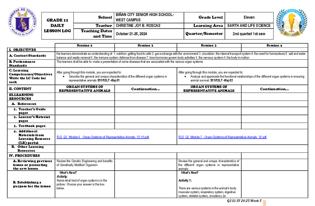 ELS-DLL-W5-OCT 21 - 25 - DLL - GRADE 11 DAILY LESSON LOG School BIÑAN ...