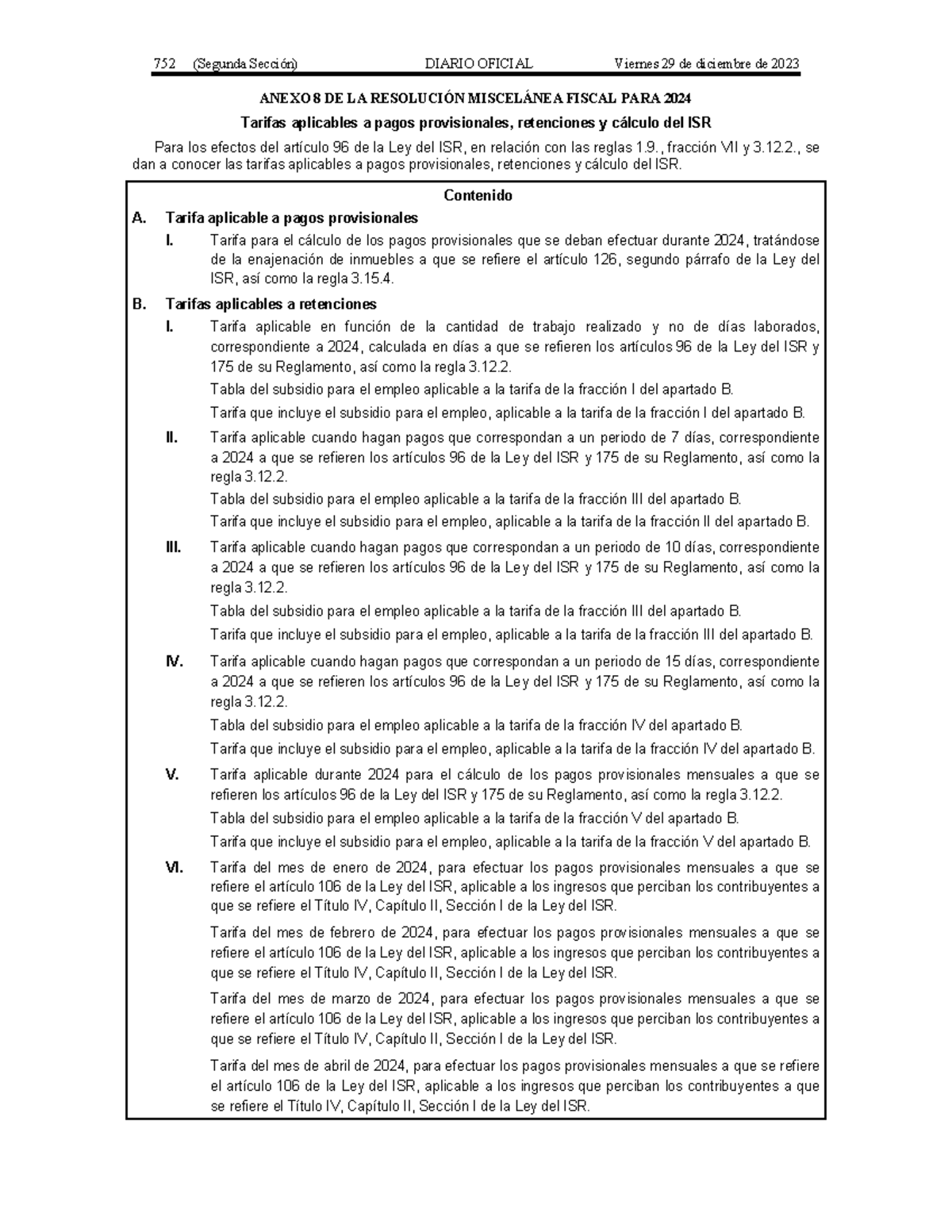 Anexo 8 RMF 2024 tablas 752 (Segunda Sección) DIARIO OFICIAL