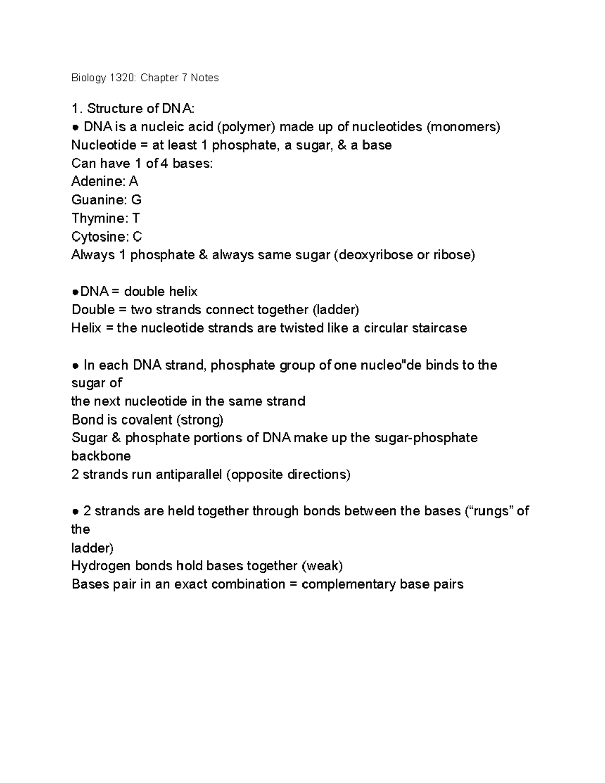 Biology 1320 Chapter 7 Notes - Biology 1320: Chapter 7 Notes Structure ...