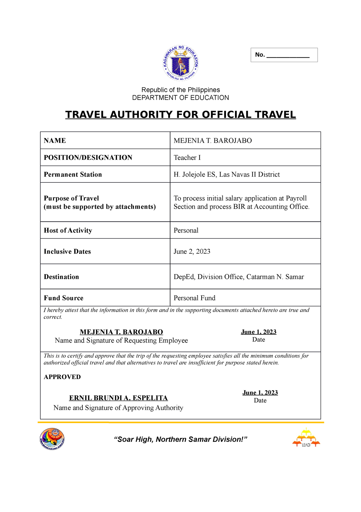 travel assignment order