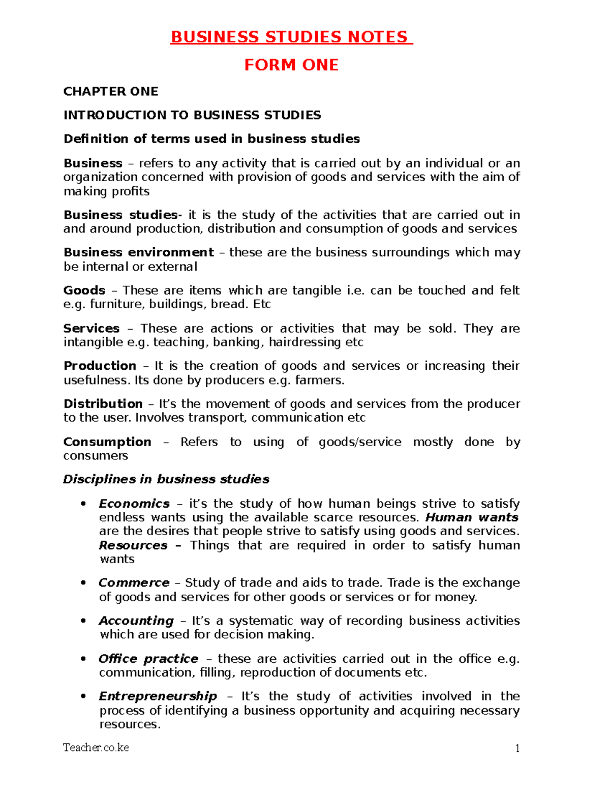 Business Studies Notes for Accounting BUSINESS STUDIES NOTES FORM ONE