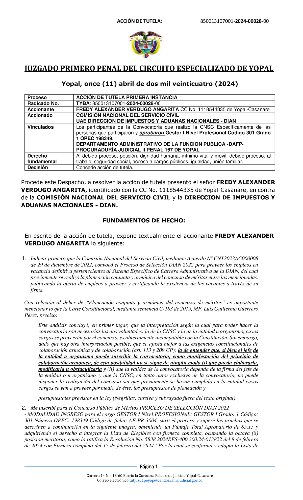18 Sentencia DE Tutela 2024-00028 DIAN Y CNSC 240416 163741 - Carrera