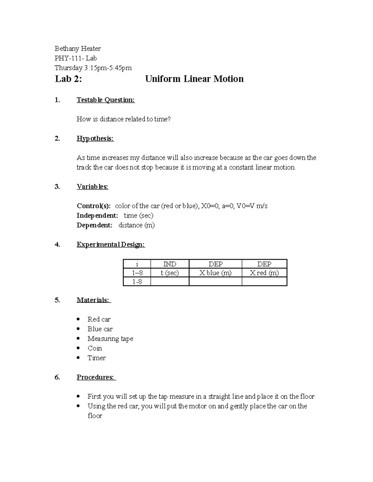 Uniform Linear Motion Lab Studocu