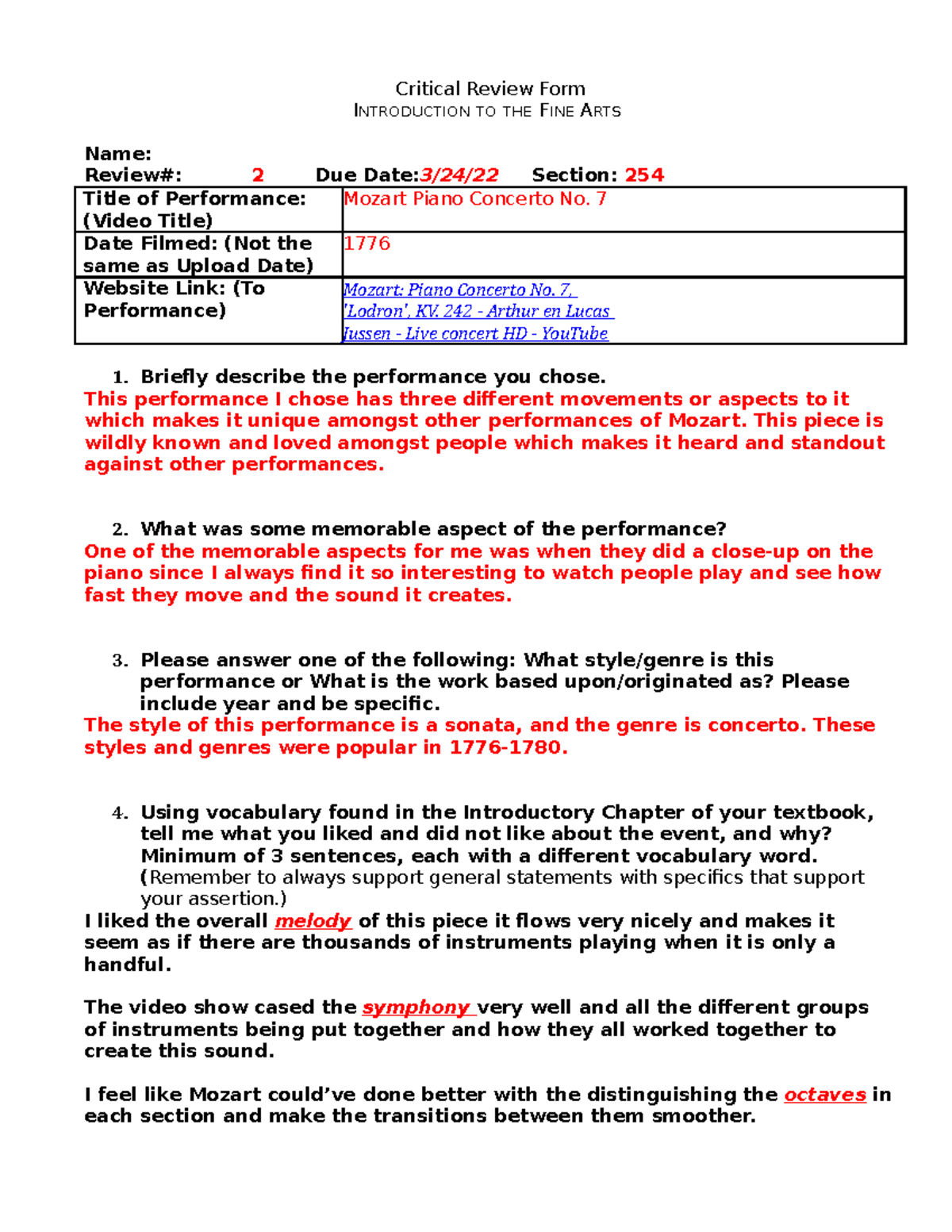 Performance Critical Review - Critical Review Form INTRODUCTION TO THE ...