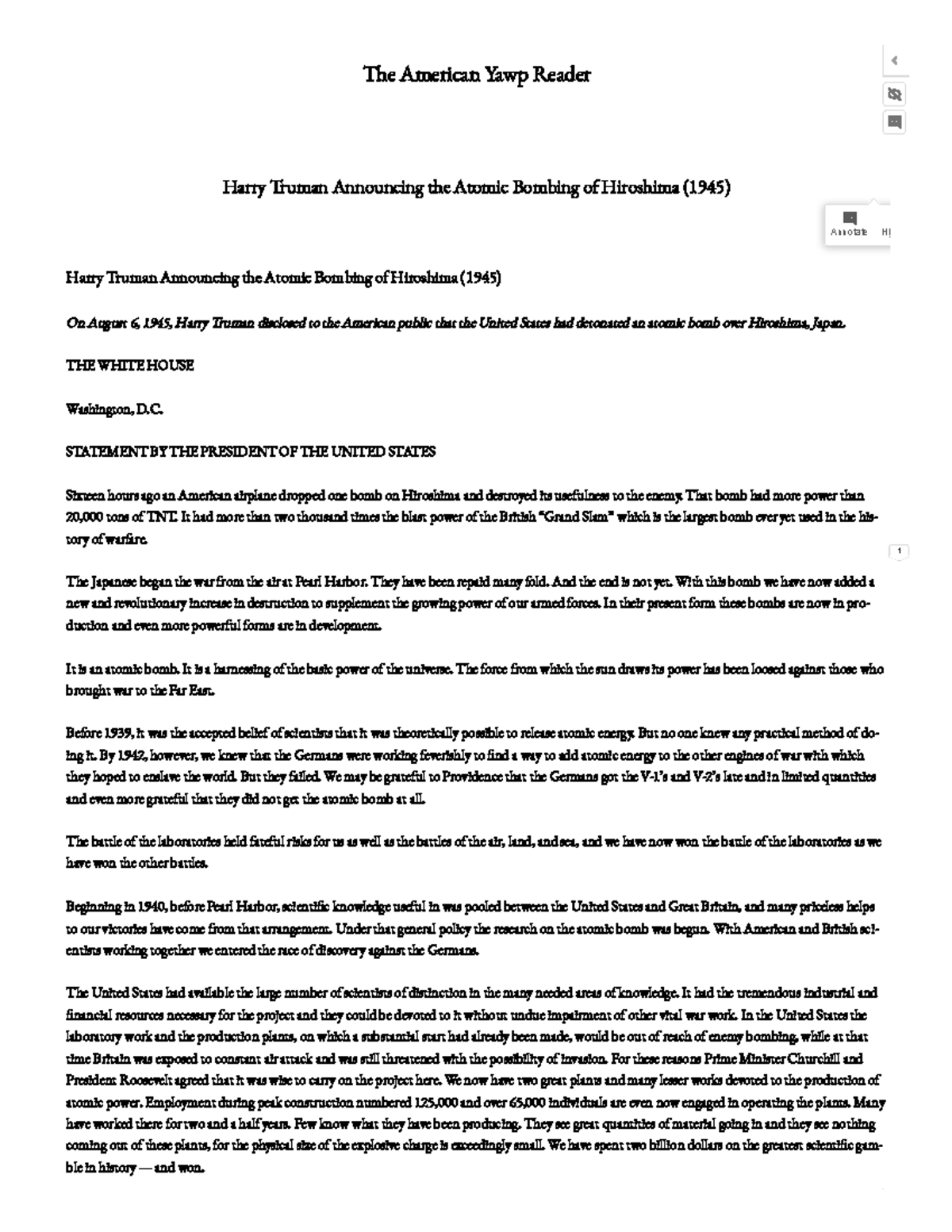 Harry Truman Announcing the Atomic Bombing of Hiroshima (1945) THE