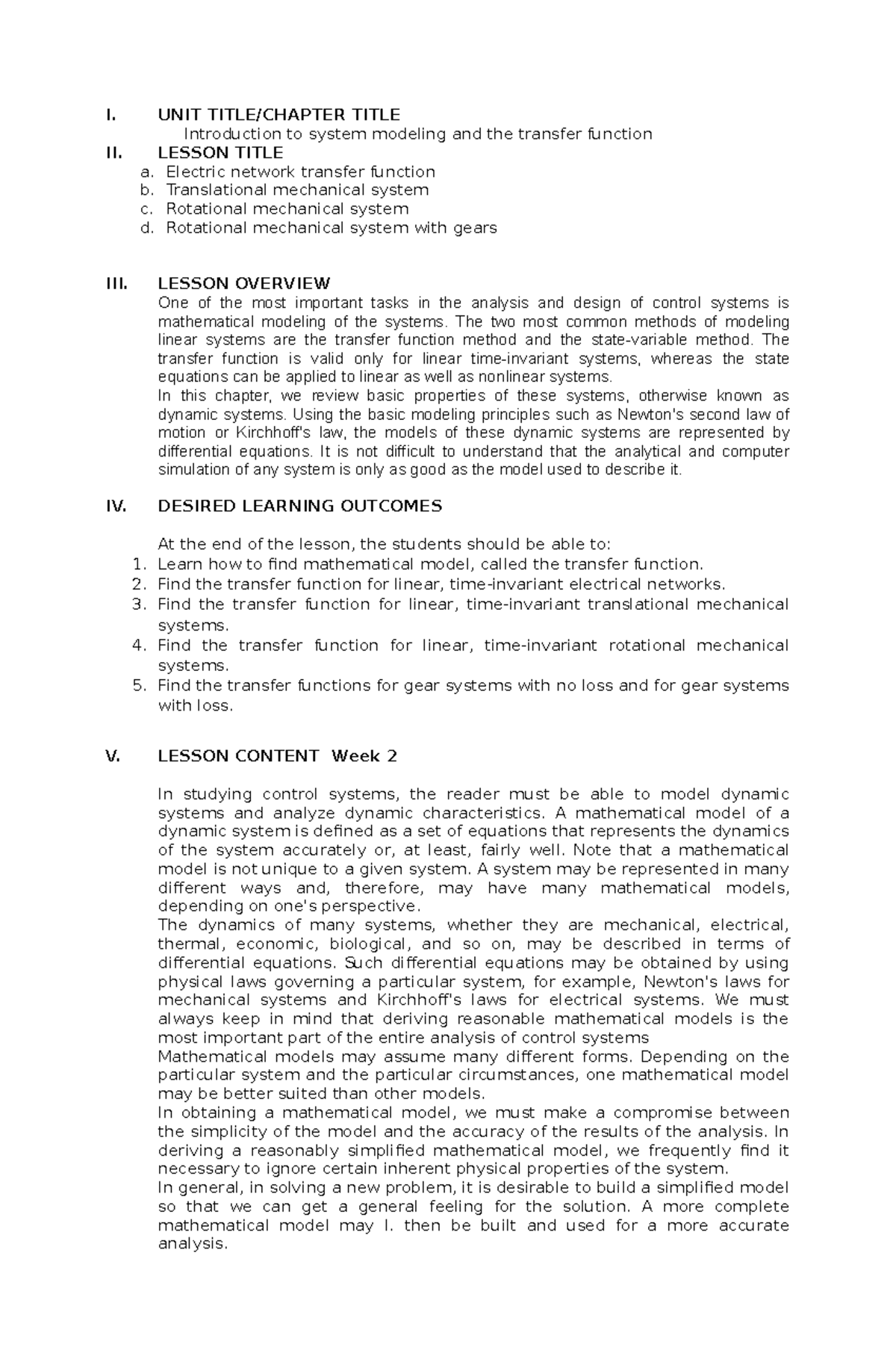 Introduction TO System Modelling - I. UNIT TITLE/CHAPTER TITLE ...