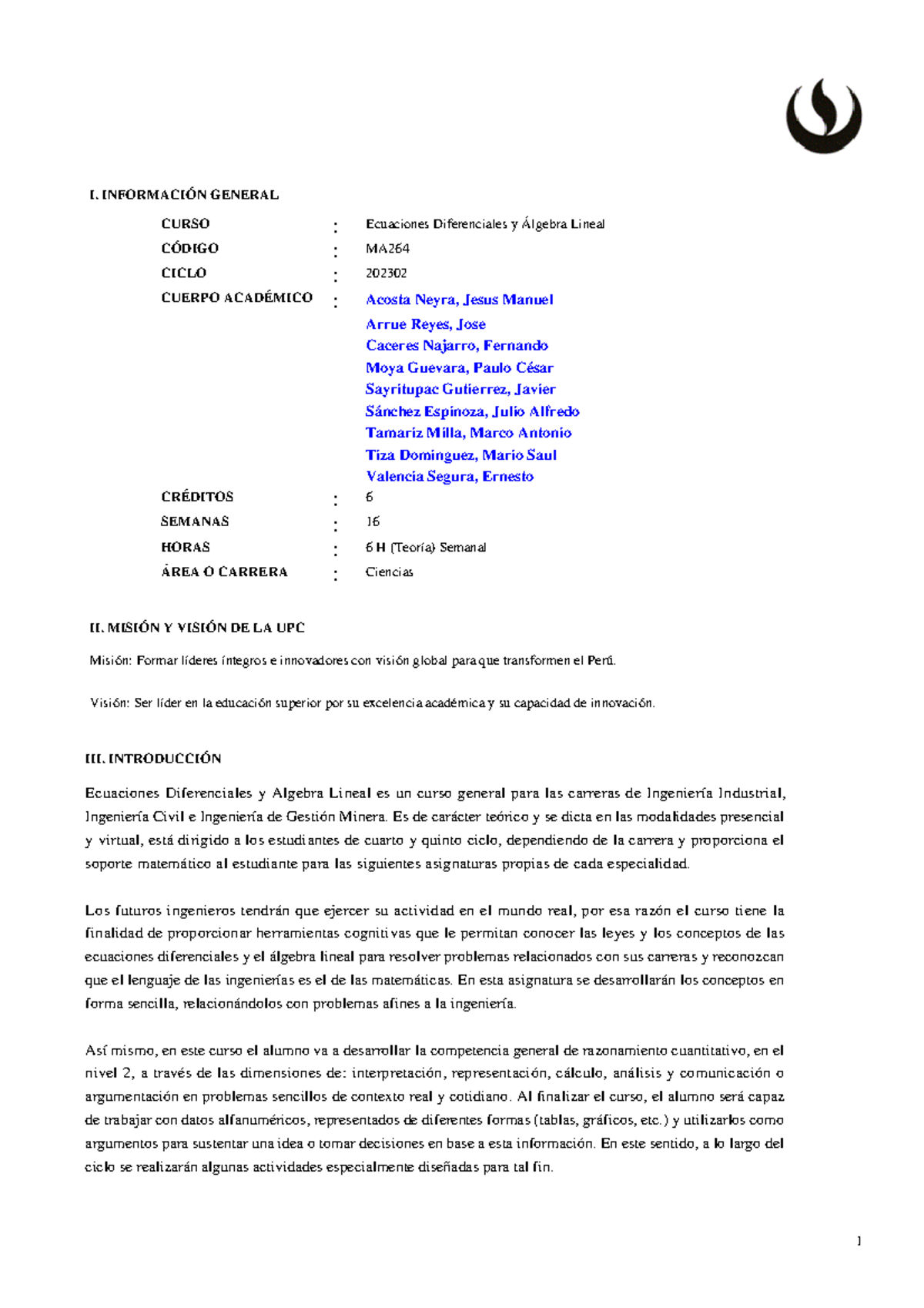 MA264 Ecuaciones Diferenciales Y Algebra Lineal Sílabo - III ...