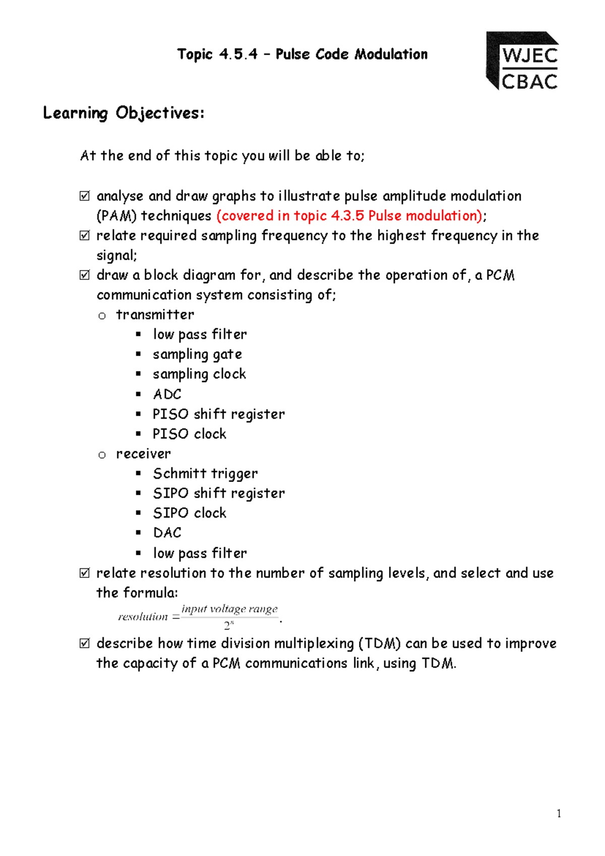 4.5.4 Pulse Code Modulation - Topic 4.5 – Pulse Code Modulation ...