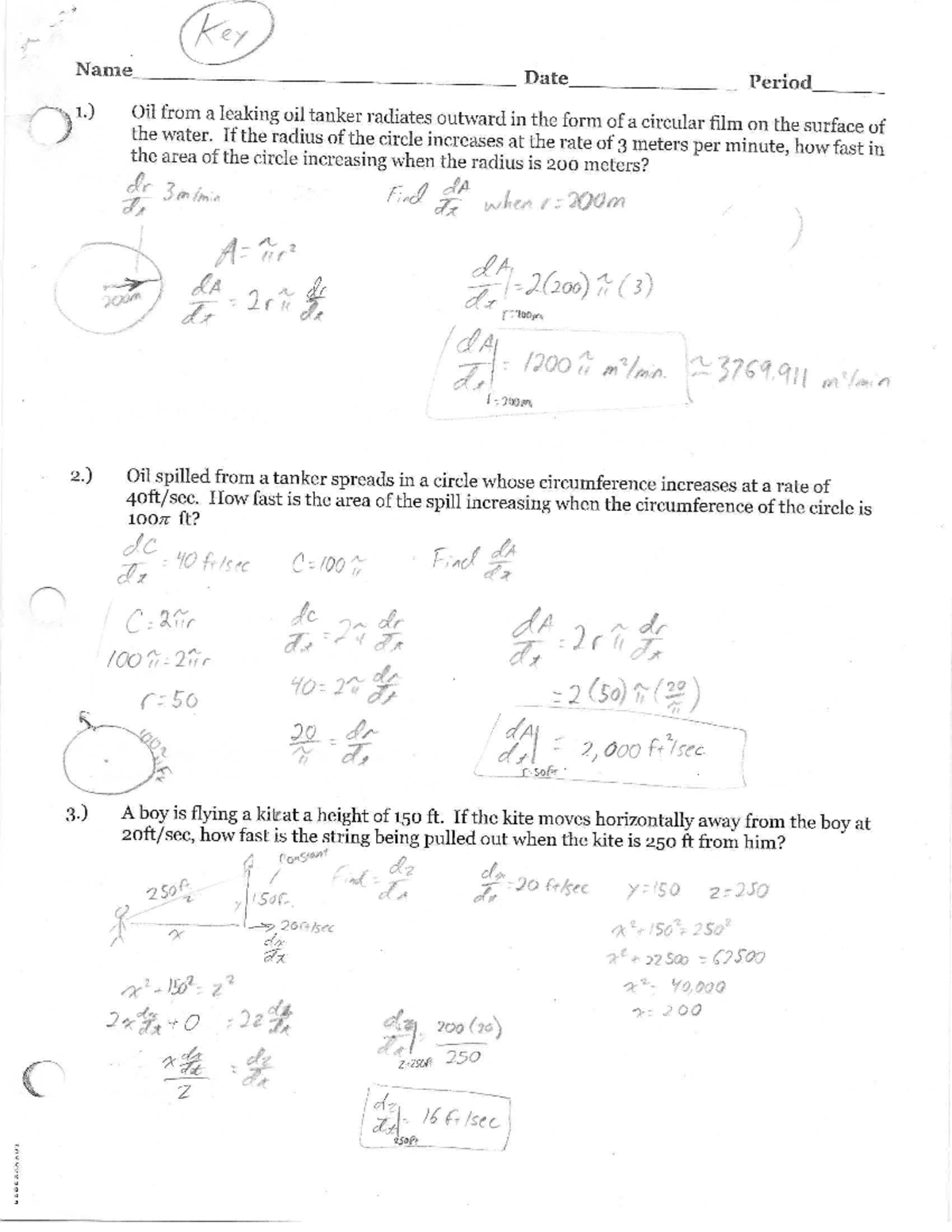 Related Rates KEY - pratice materials - Bachelor of Engineering ...