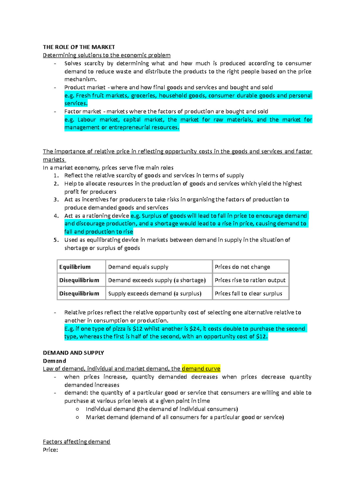 Economic Study Notes - Markets - THE ROLE OF THE MARKET Determining ...