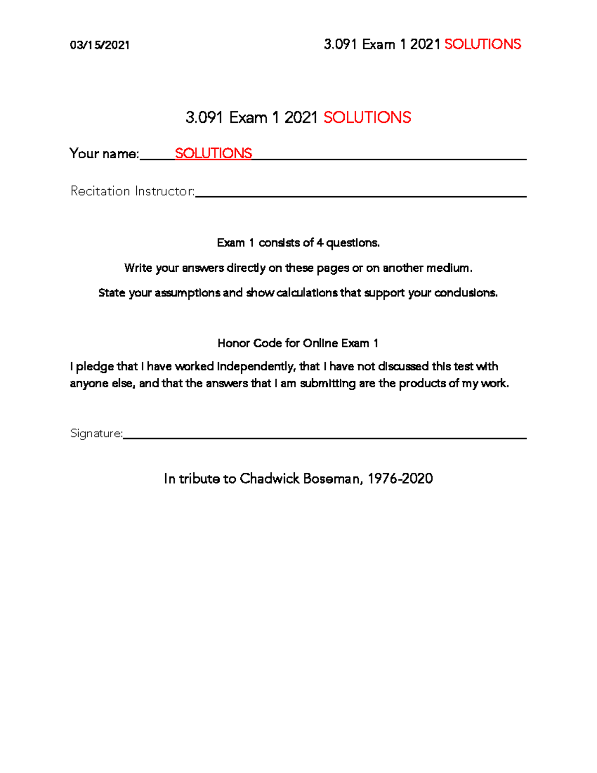 Exam 1-SP21 Solutions-for-practice - 3. 091 Exam 1 2021 SOLUTIONS Your ...