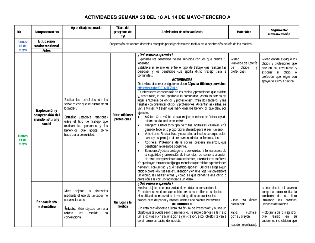 Actividades Semana 33 DEL 10 AL 14 DE MAYO- Tercero A - ACTIVIDADES