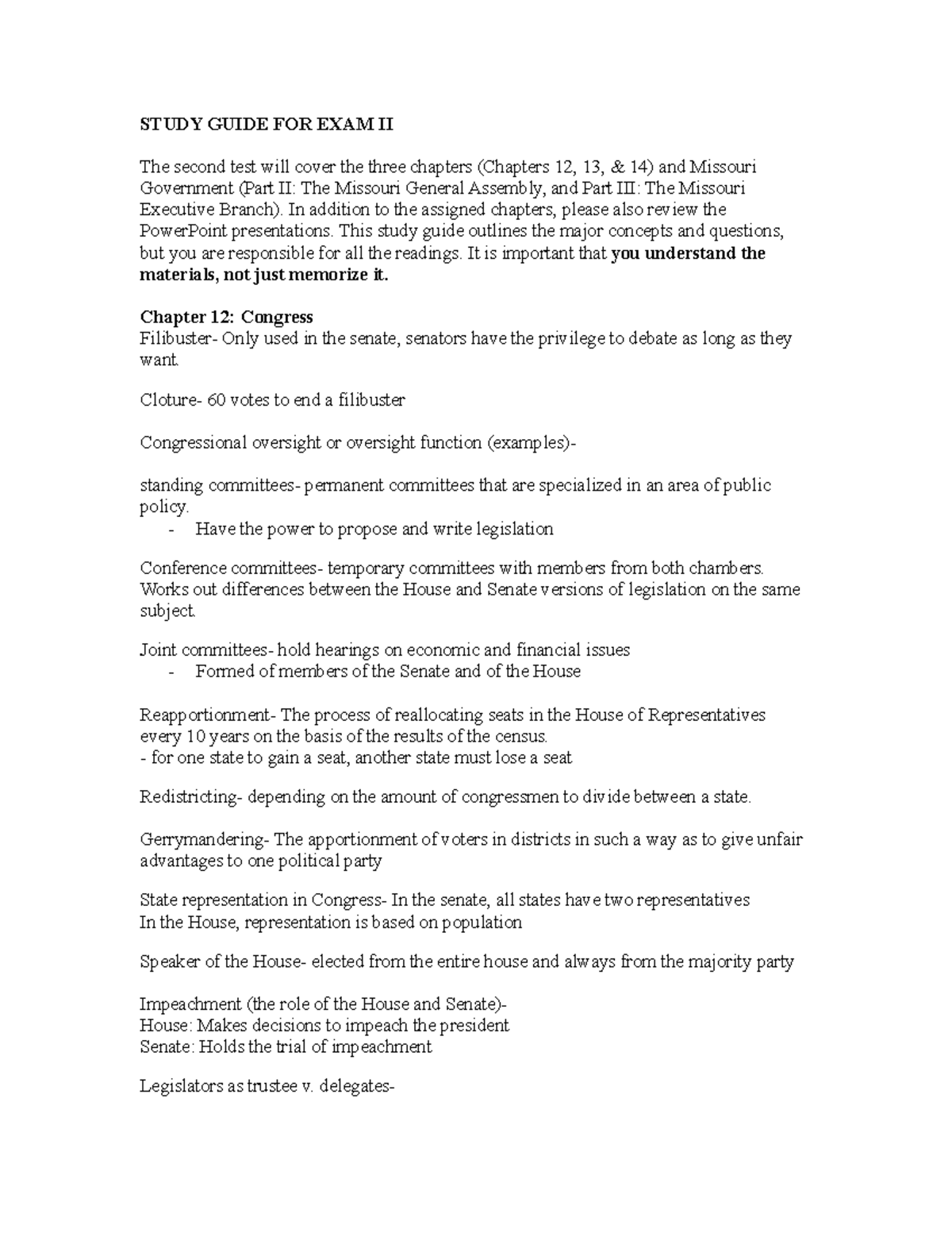 2nd study guide - STUDY GUIDE FOR EXAM II The second test will cover ...