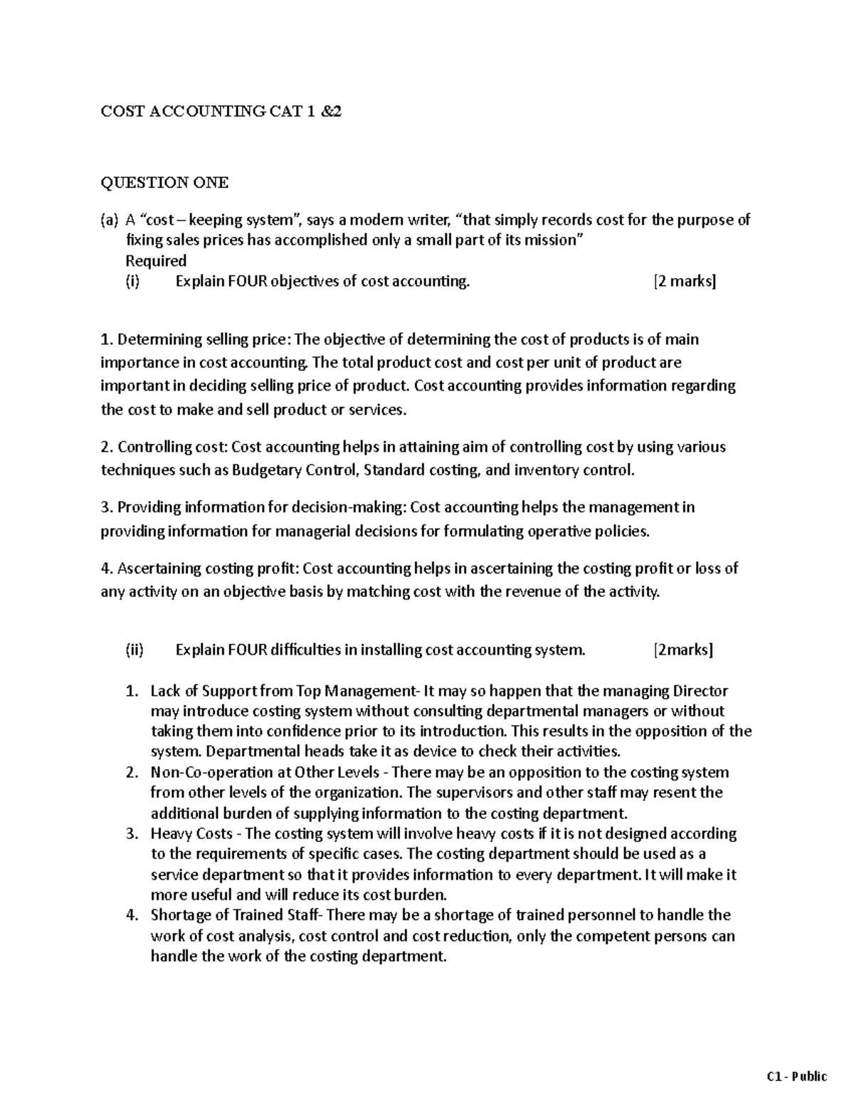 COST Accounting CAT 1 2 cat COST ACCOUNTING CAT 1 & QUESTION ONE (a