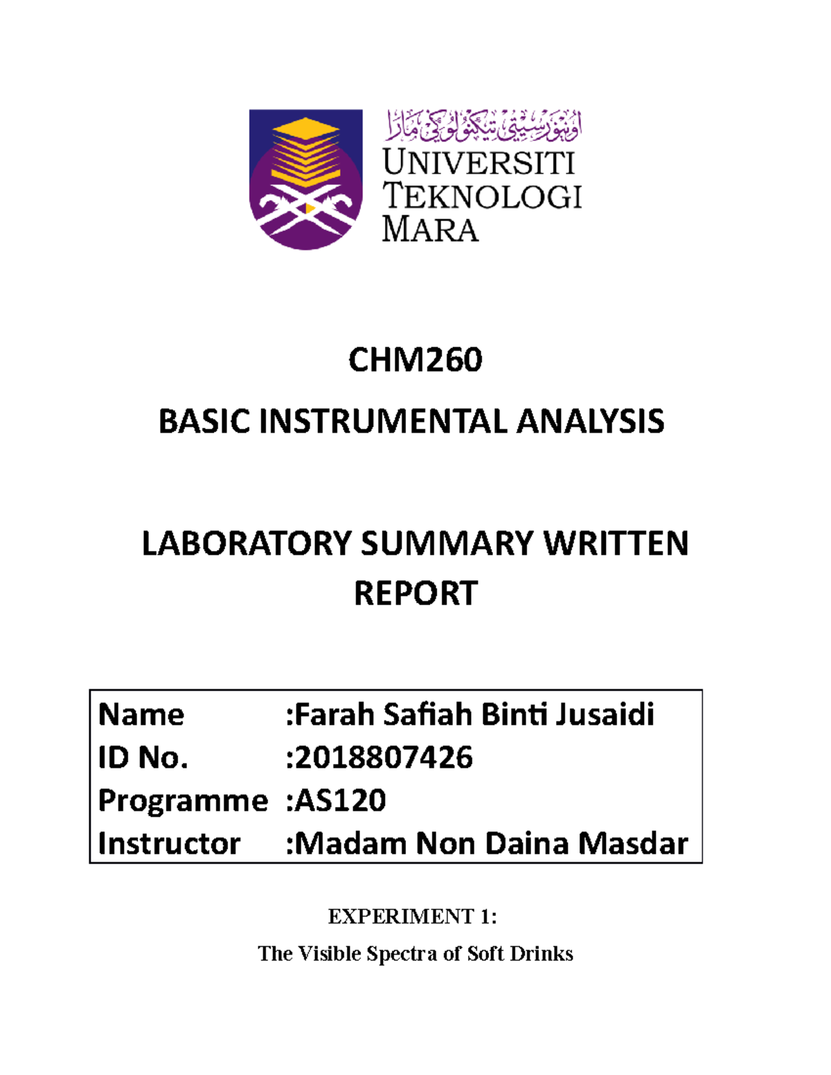 CHM260 Lab 1 - Chm 260 Experiment 1 - CHM BASIC INSTRUMENTAL ANALYSIS ...