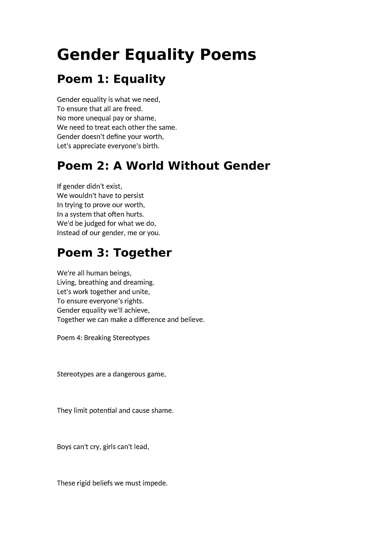 Gender Equality Poems None Gender Equality Poems Poem 1 Equality Gender Equality Is What We 4979