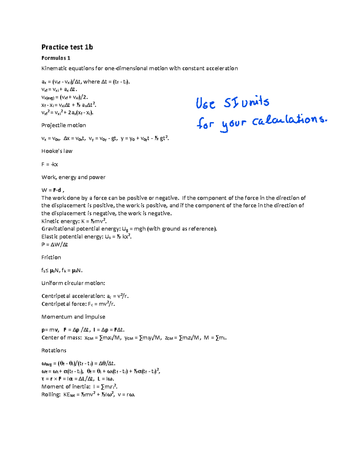 221 Practice+test+1b comments - Practice test 1b Formulas 1 Kinematic ...