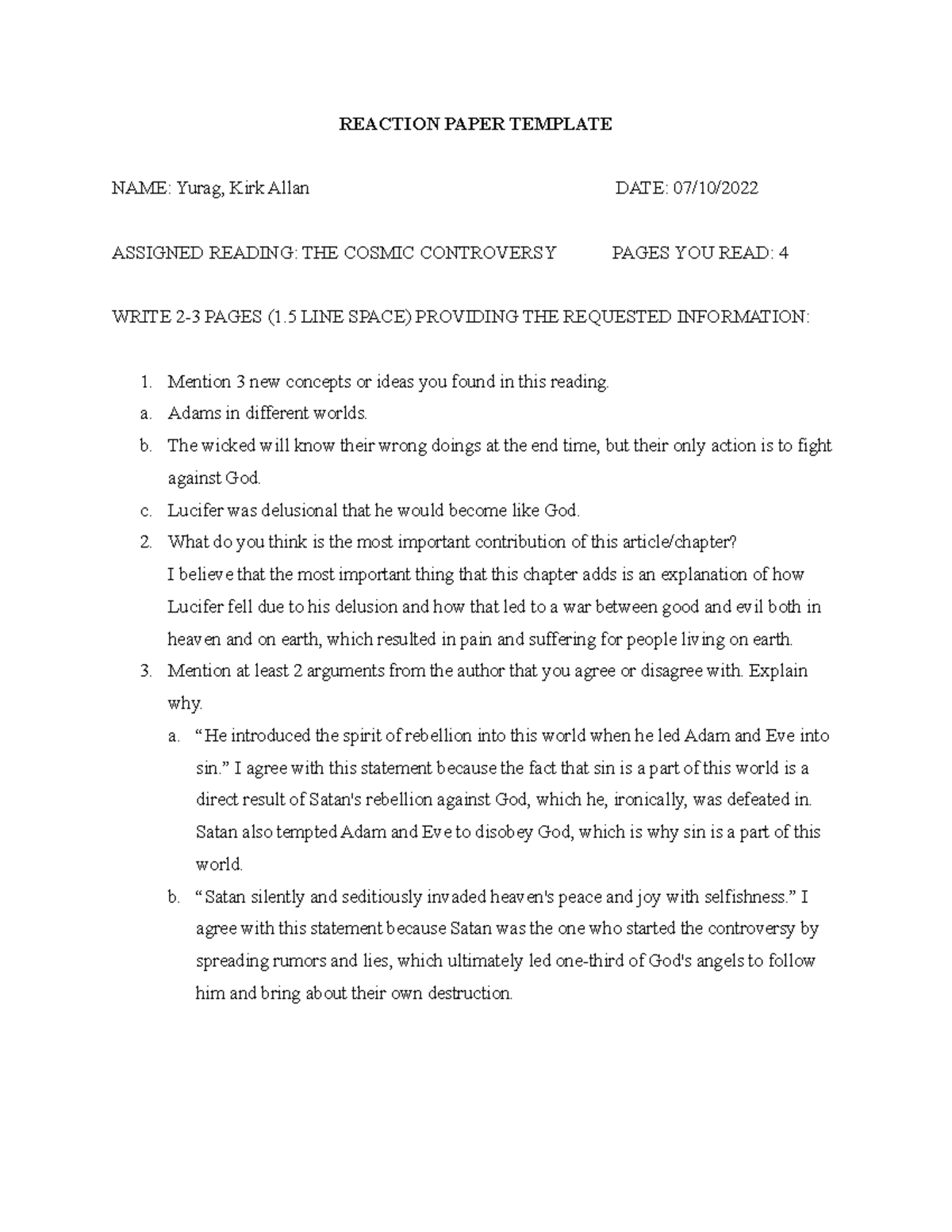 Cosmic controversy read log - REACTION PAPER TEMPLATE NAME: Yurag, Kirk ...