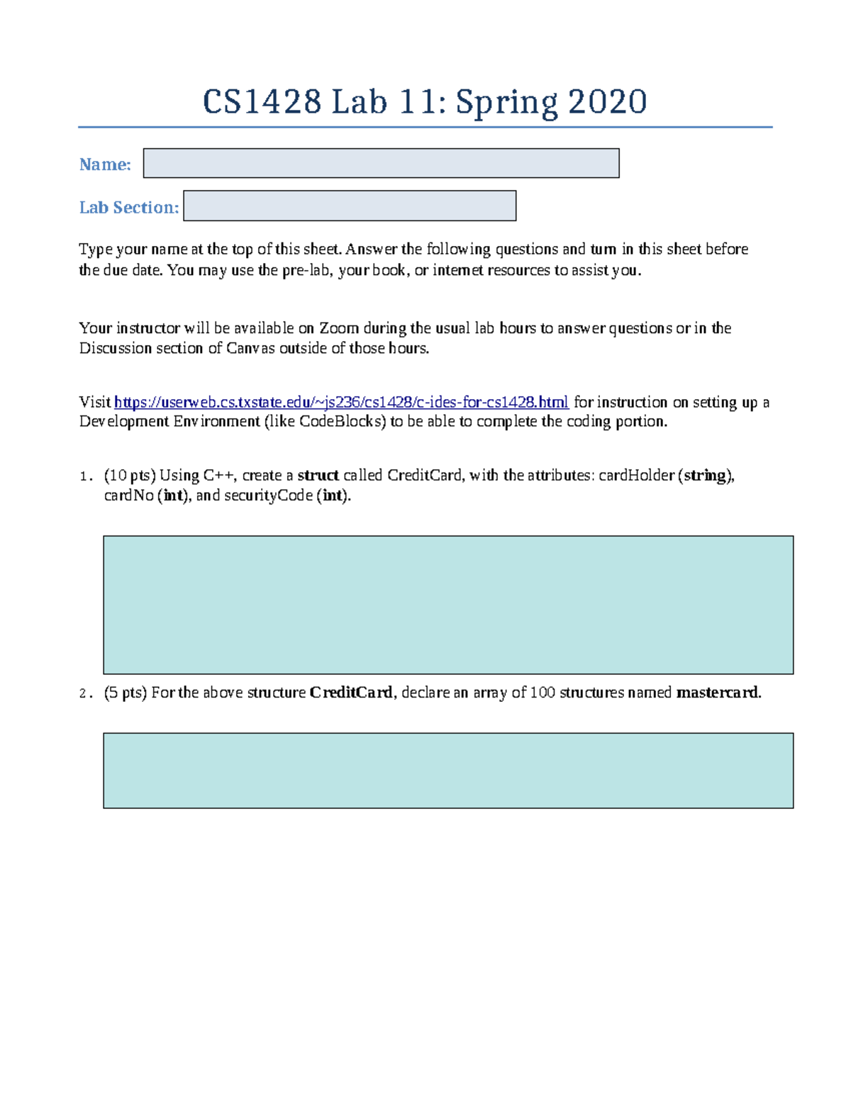 Lab 11 Instructions Thursday - CS 1428 - TXST - Studocu