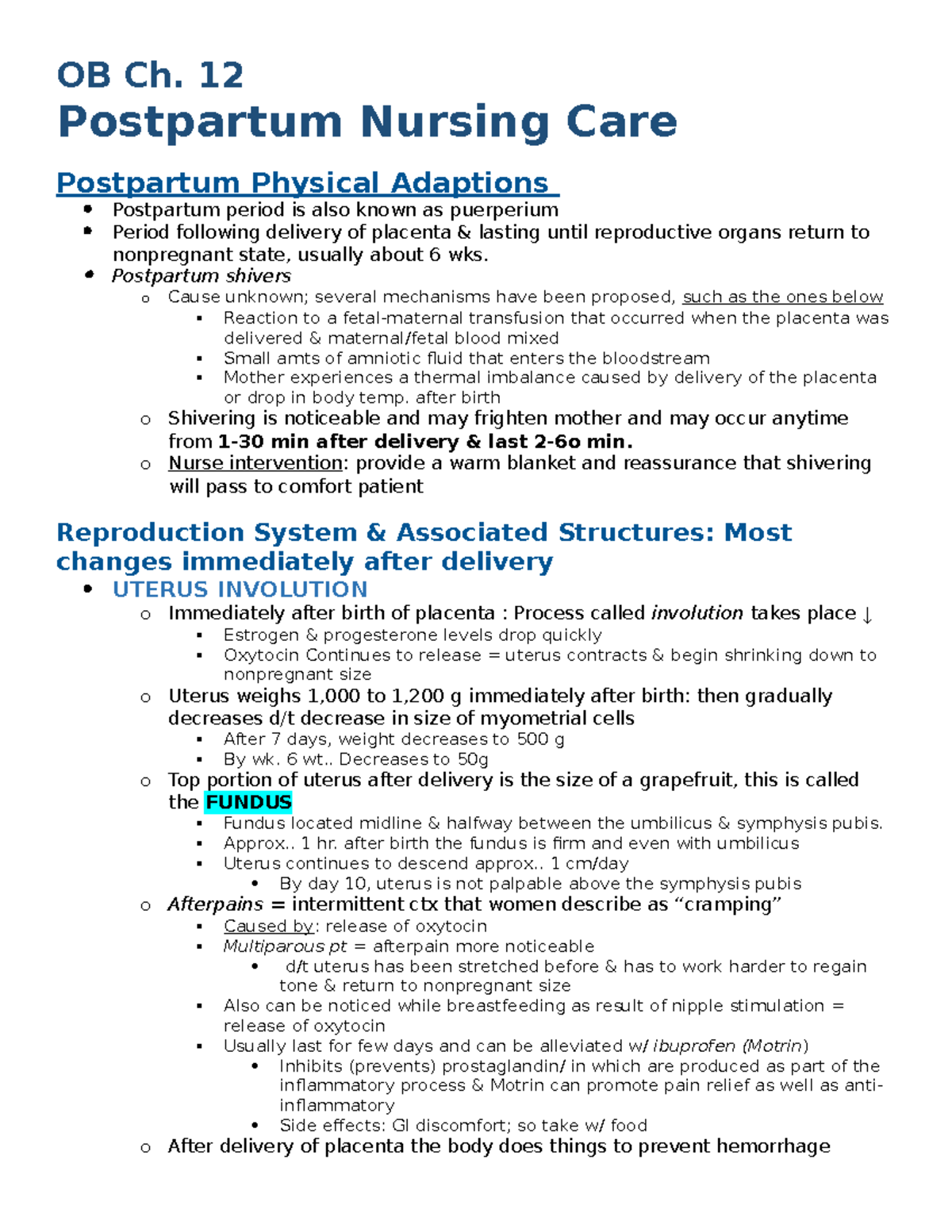 CH. 12 Study Guide - Lecture Notes 1 - OB Ch. 12 Postpartum Nursing ...