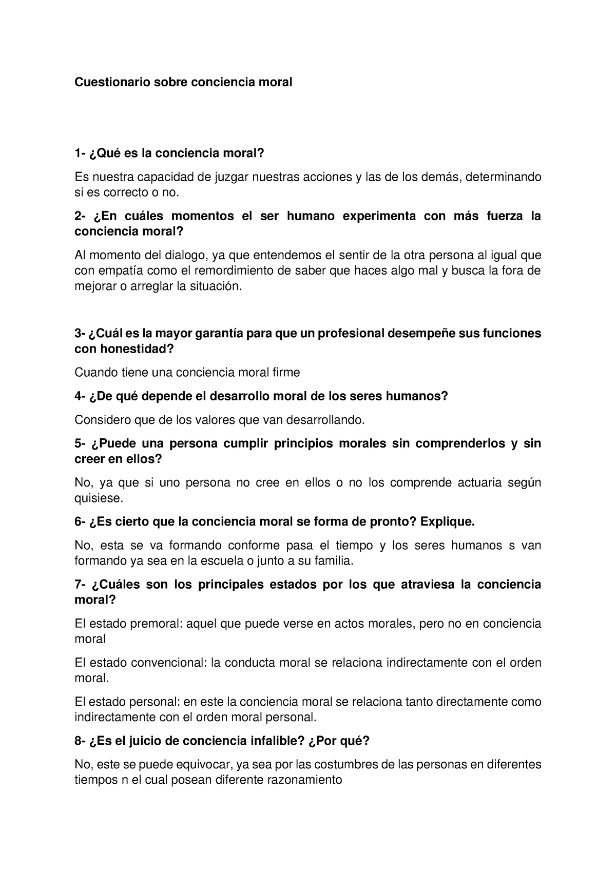 Cuestionario Sobre Conciencia Moral En Cu Les Momentos El Ser Humano Experimenta Con M S