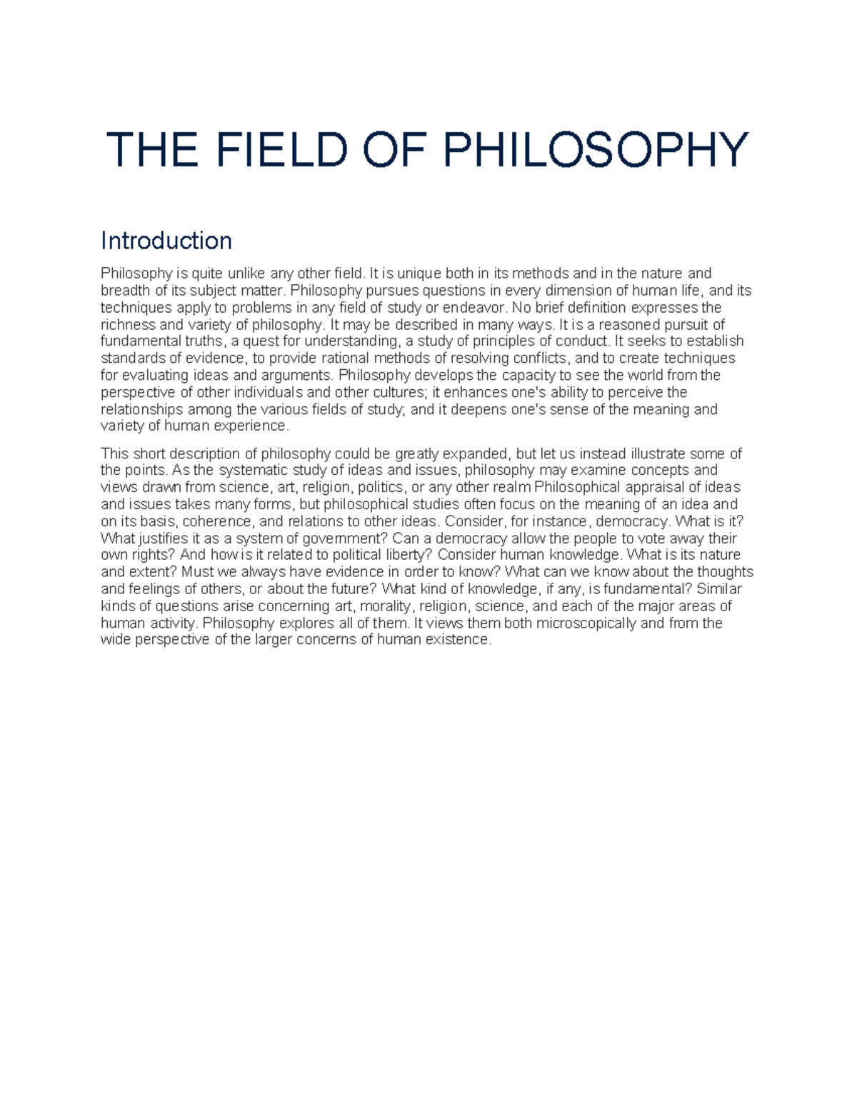 Philosophy of the human world - THE FIELD OF PHILOSOPHY Introduction ...