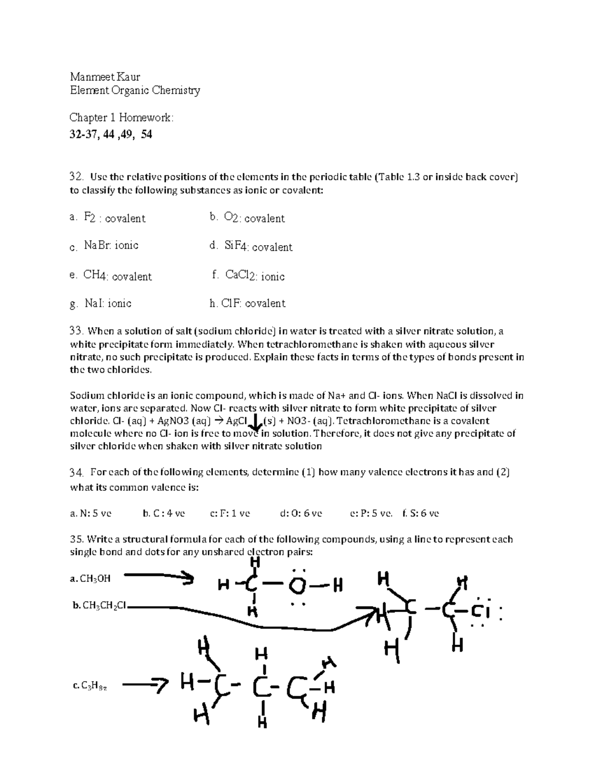 Chapter 1 Homework E.O.Chem - Manmeet Kaur Element Organic Chemistry ...