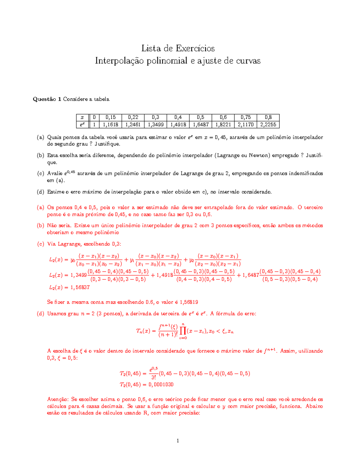 Lista Interpolacao Ajuste Gabarito - Lista De Exerc ́ıcios Interpola ̧c ...