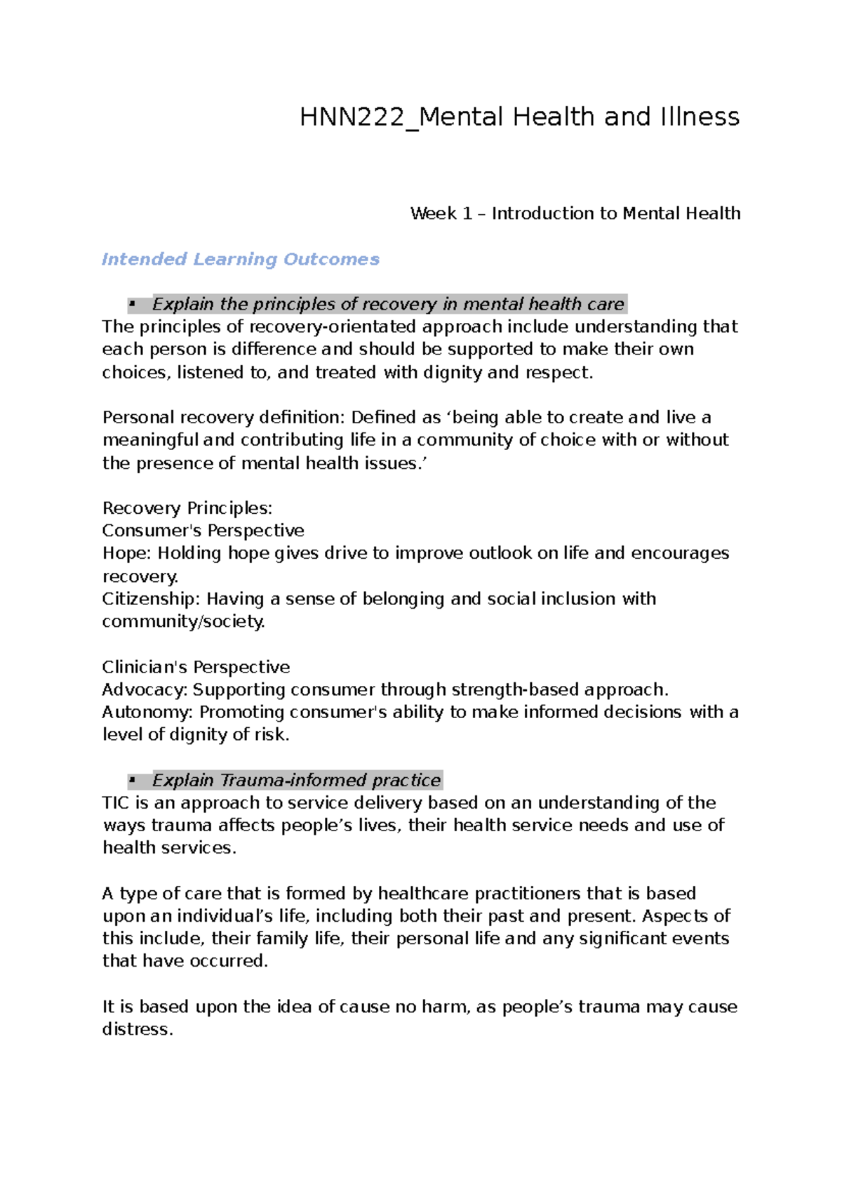 HNN222 Exam Notes - HNN222_Mental Health and Illness Week 1 ...