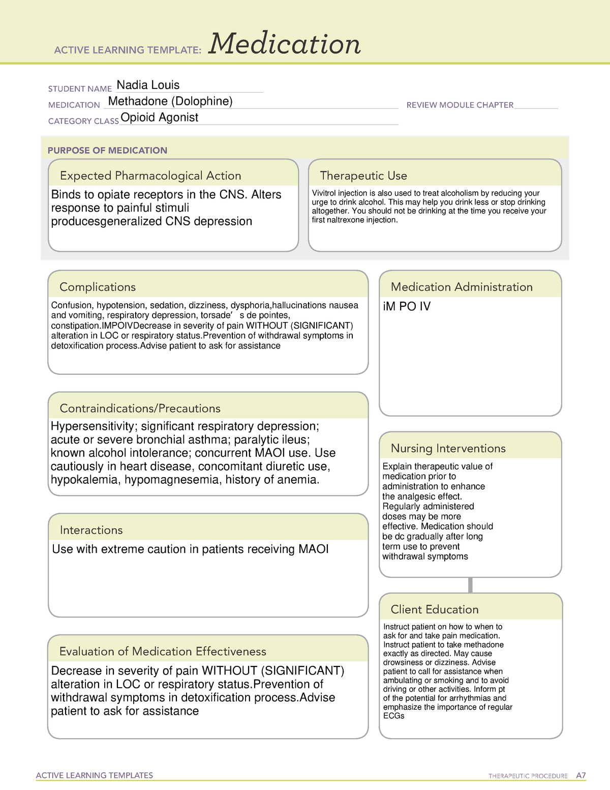 Methadone Using the ATI Active Learning Medication Template and ATI