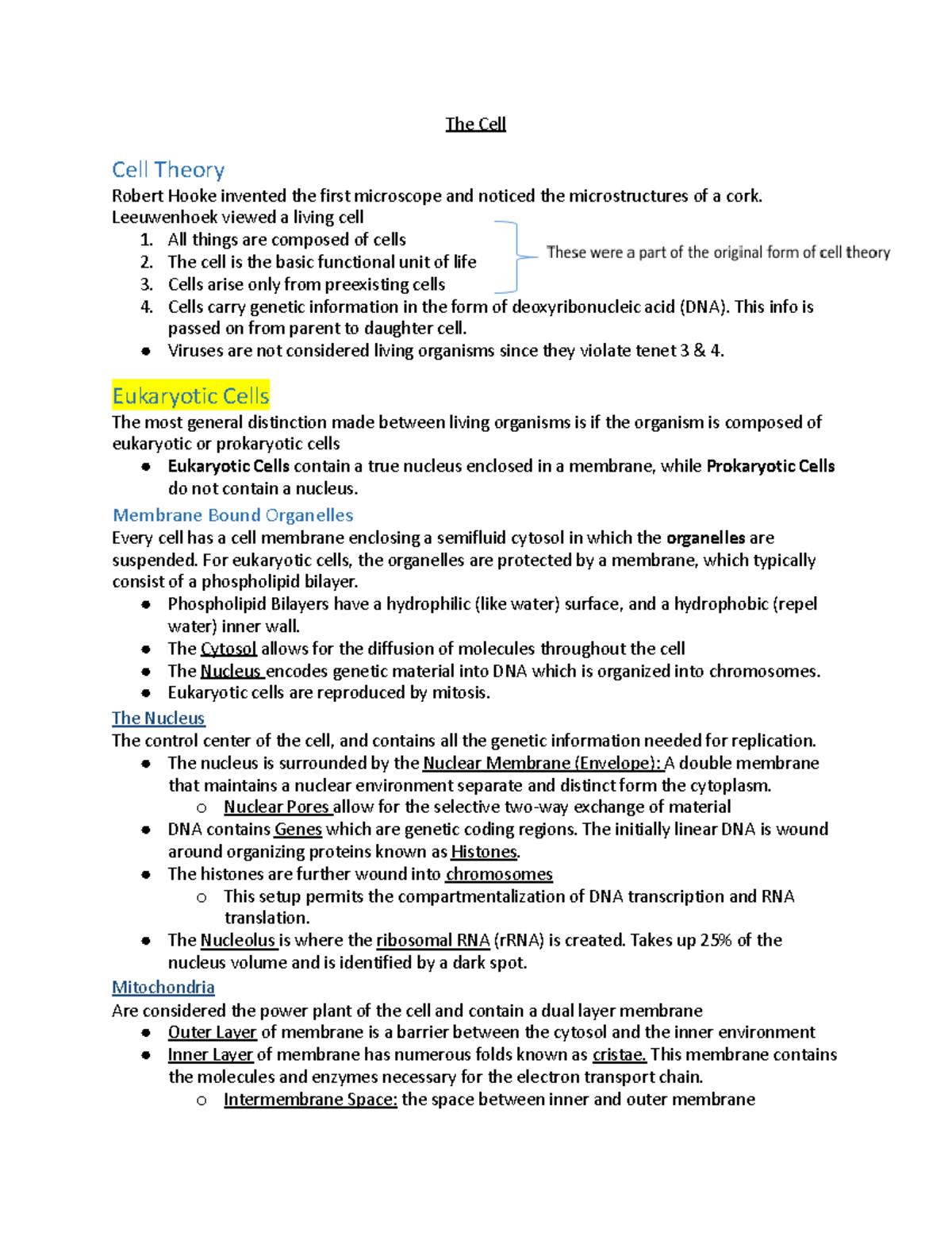 The Cell - BIO II + MCAT BIO Section Notes - The Cell Cell Theory ...