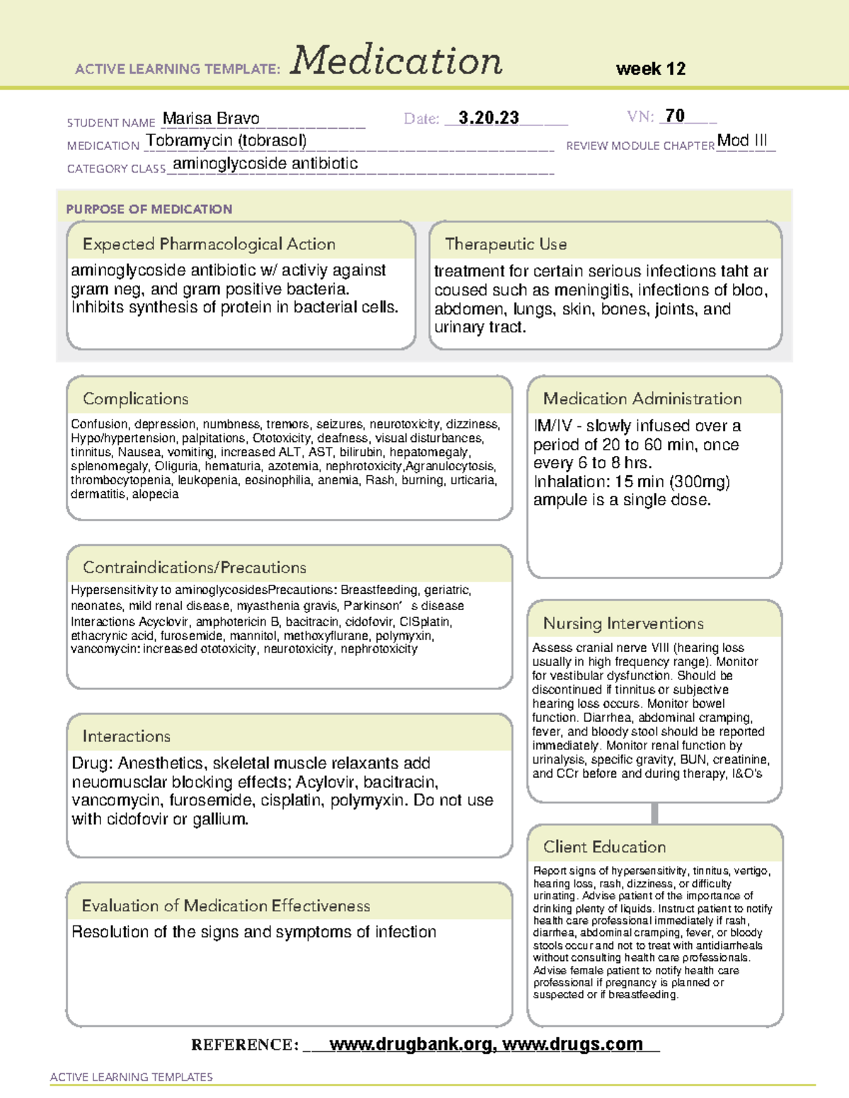 Tobramycin medcard wk 12 ACTIVE LEARNING TEMPLATES Medication STUDENT