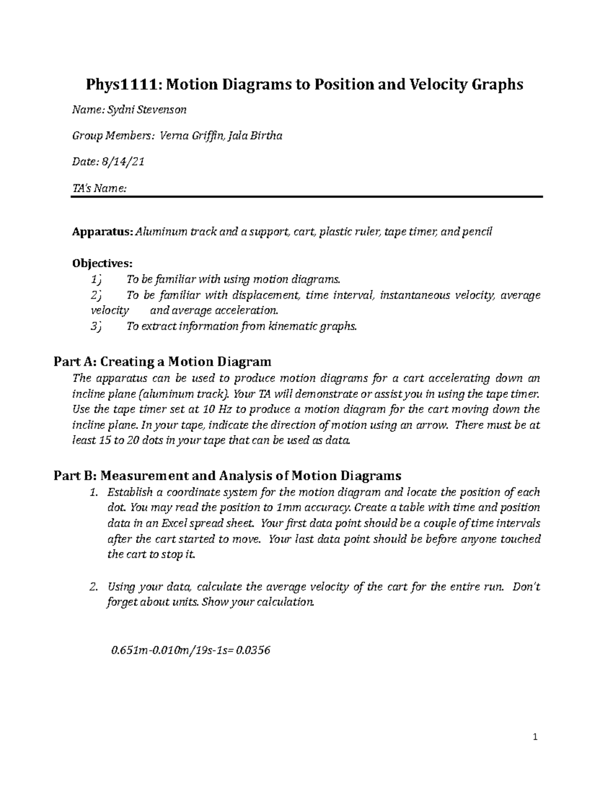 Phys1111 Motion Diagrams to Position and Velocity Graphs PHYS 1111K GSU Studocu