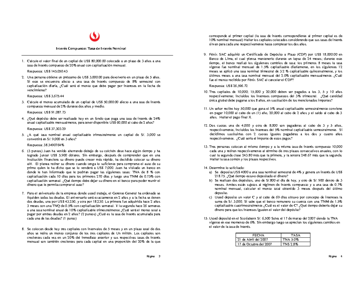 Guía de ejercicios - Interés Compuesto: Tasa de Interés Nominal Calcule ...