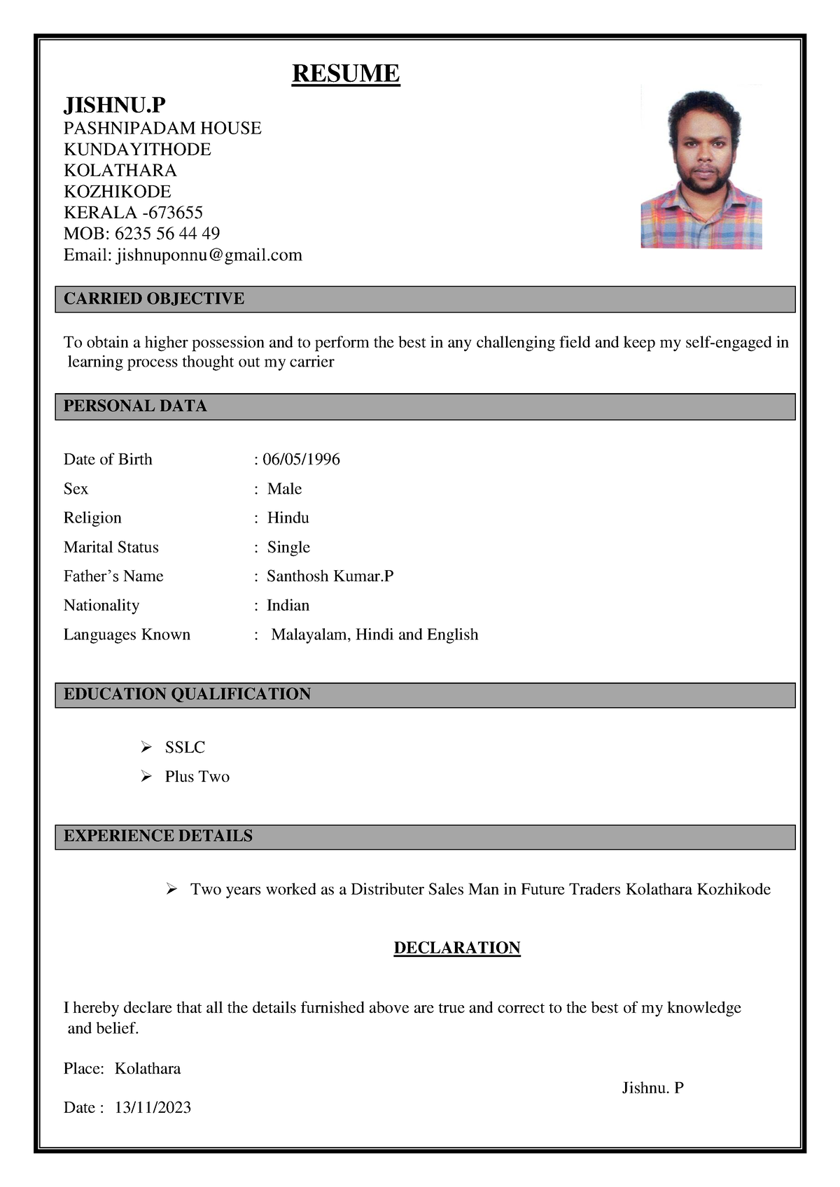 Cv - Study material - RESUME JISHNU PASHNIPADAM HOUSE KUNDAYITHODE ...