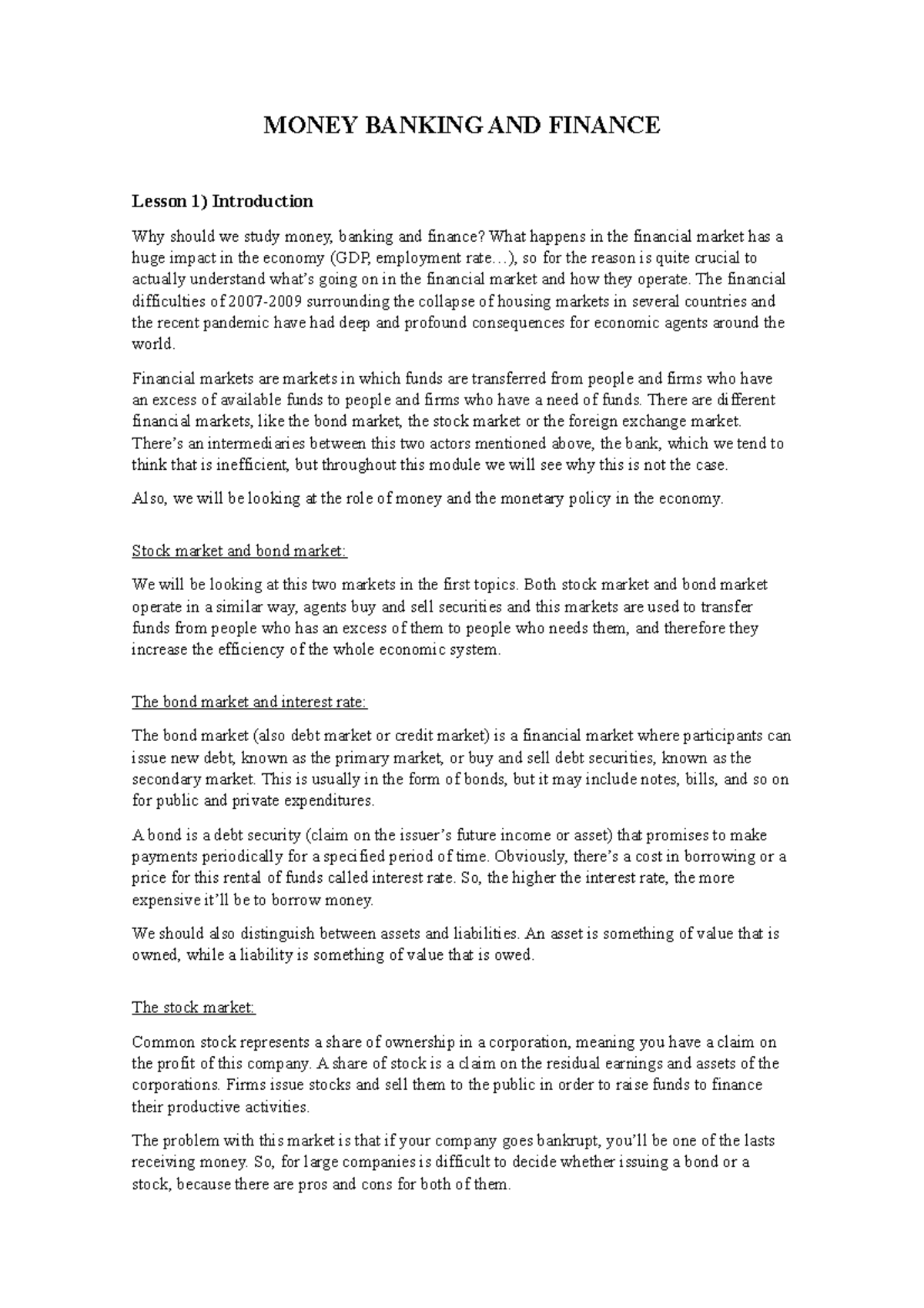 Money banking and finance definitivo MONEY BANKING AND FINANCE Lesson