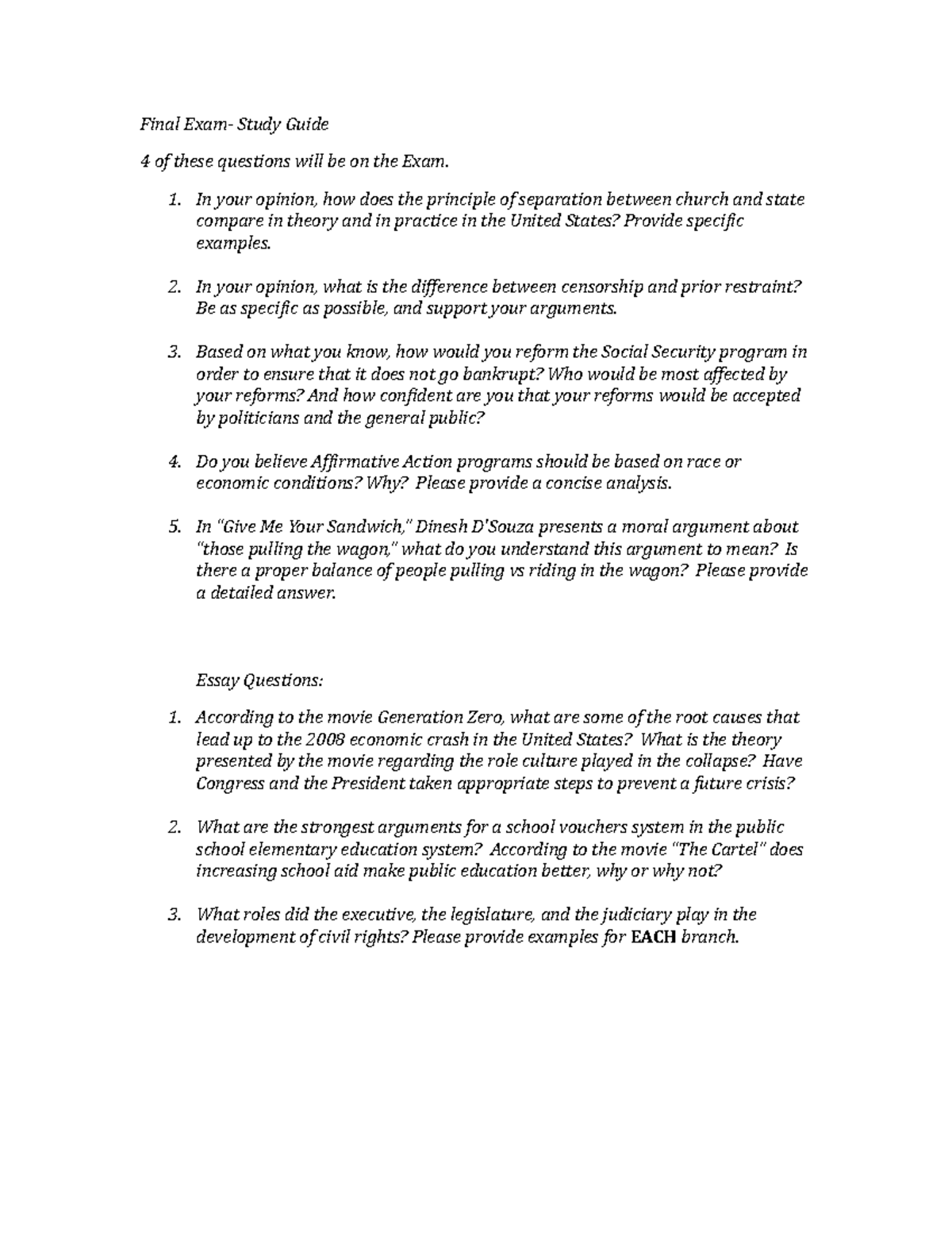 Study Guide Exam #3 -Final Exam - Final Exam- Study Guide 4 of these ...